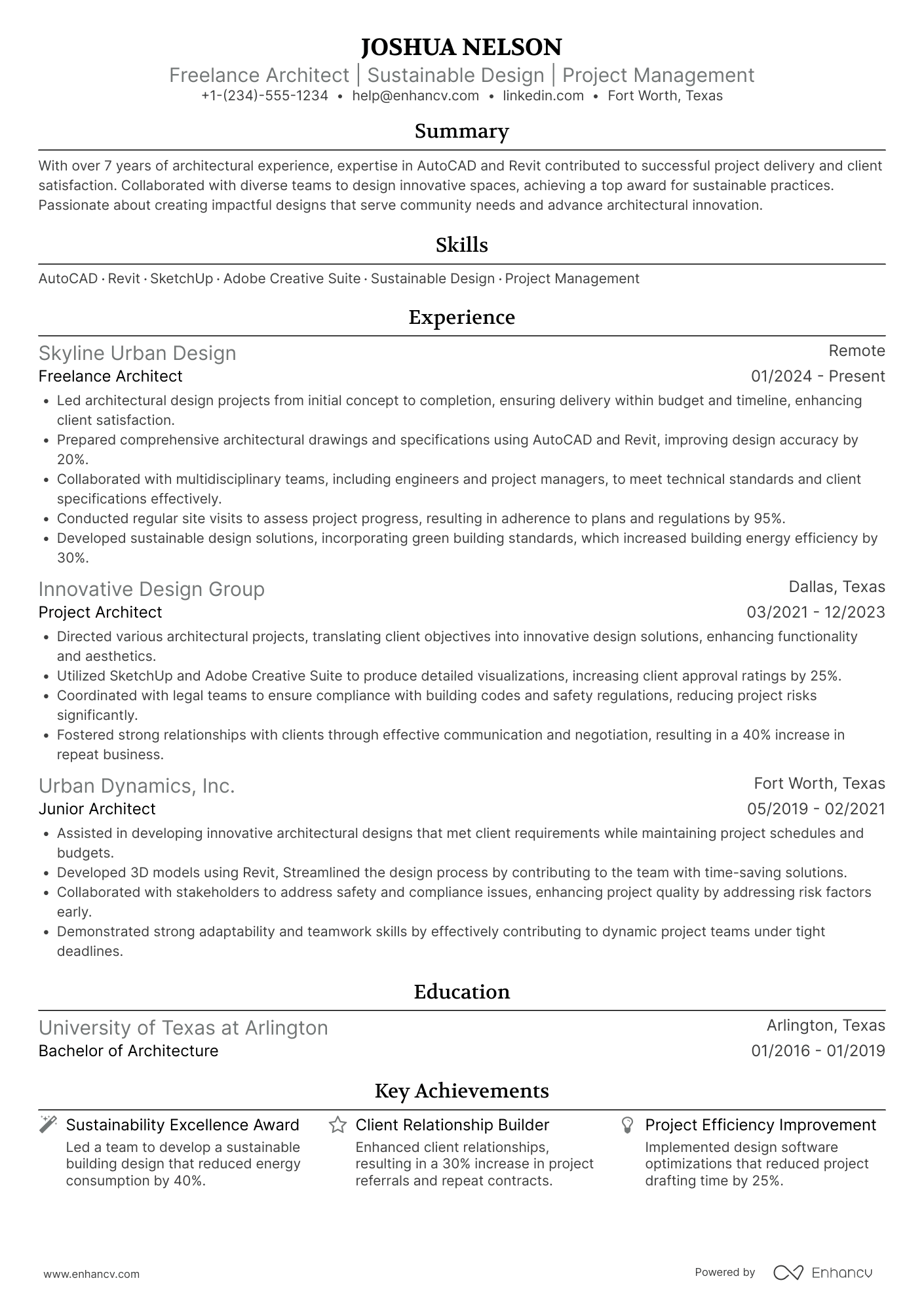 A resume example of a Freelance Architect