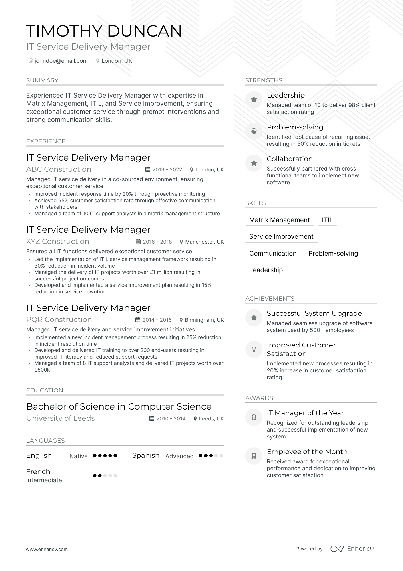 Modern IT Service Delivery Manager Resume Template