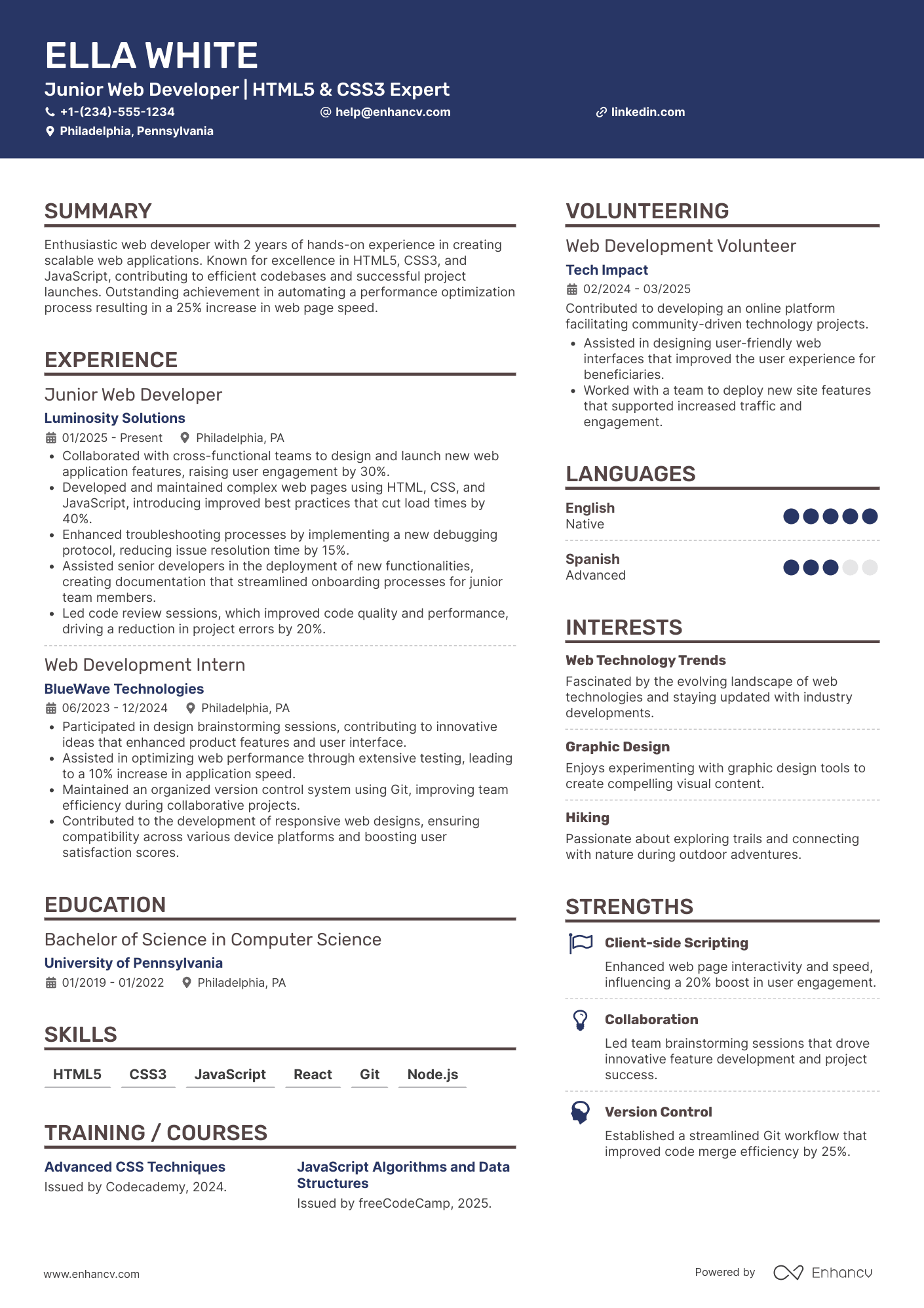 A resume example of a Junior Web Developer