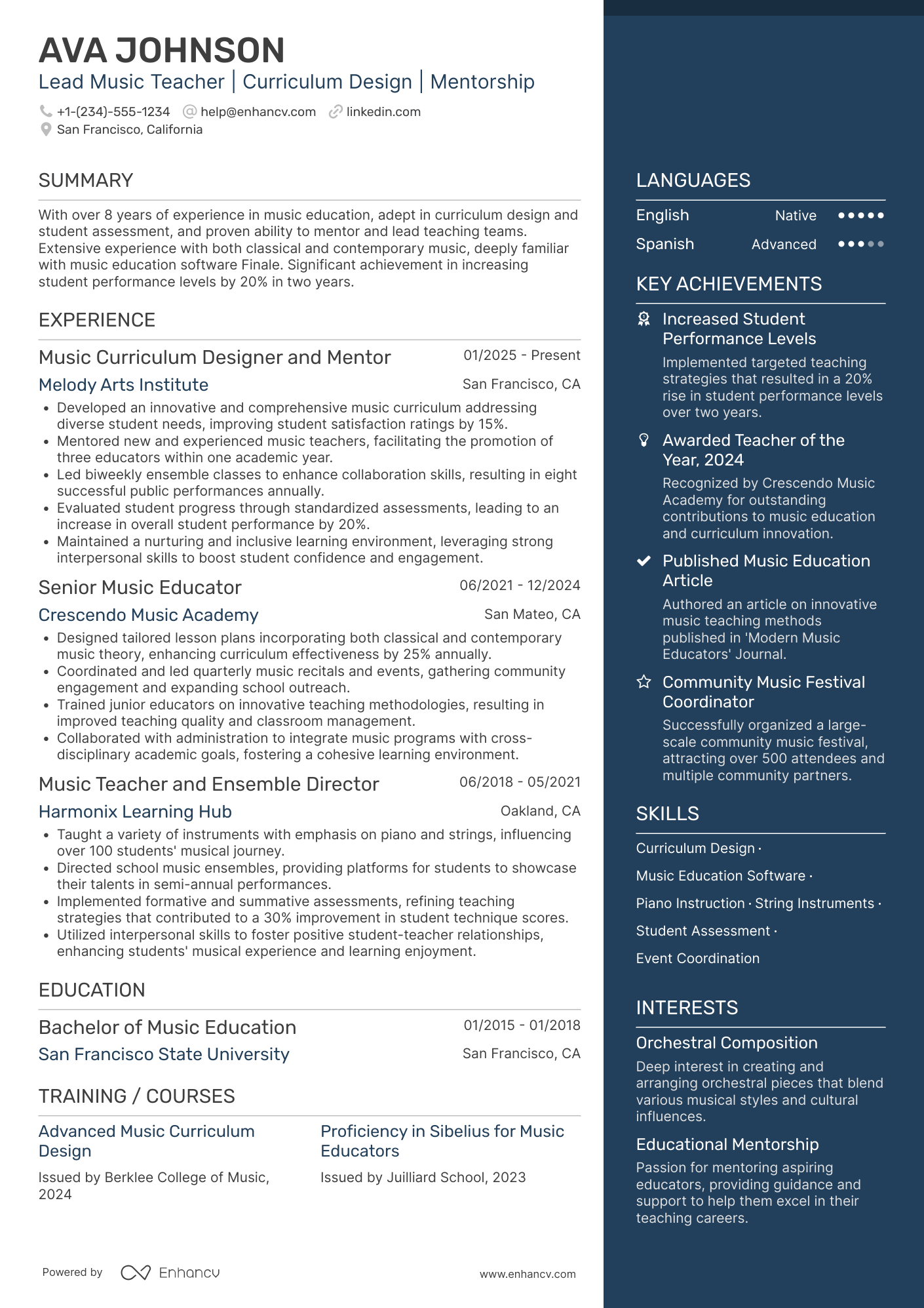 A resume example of a Lead Music Teacher