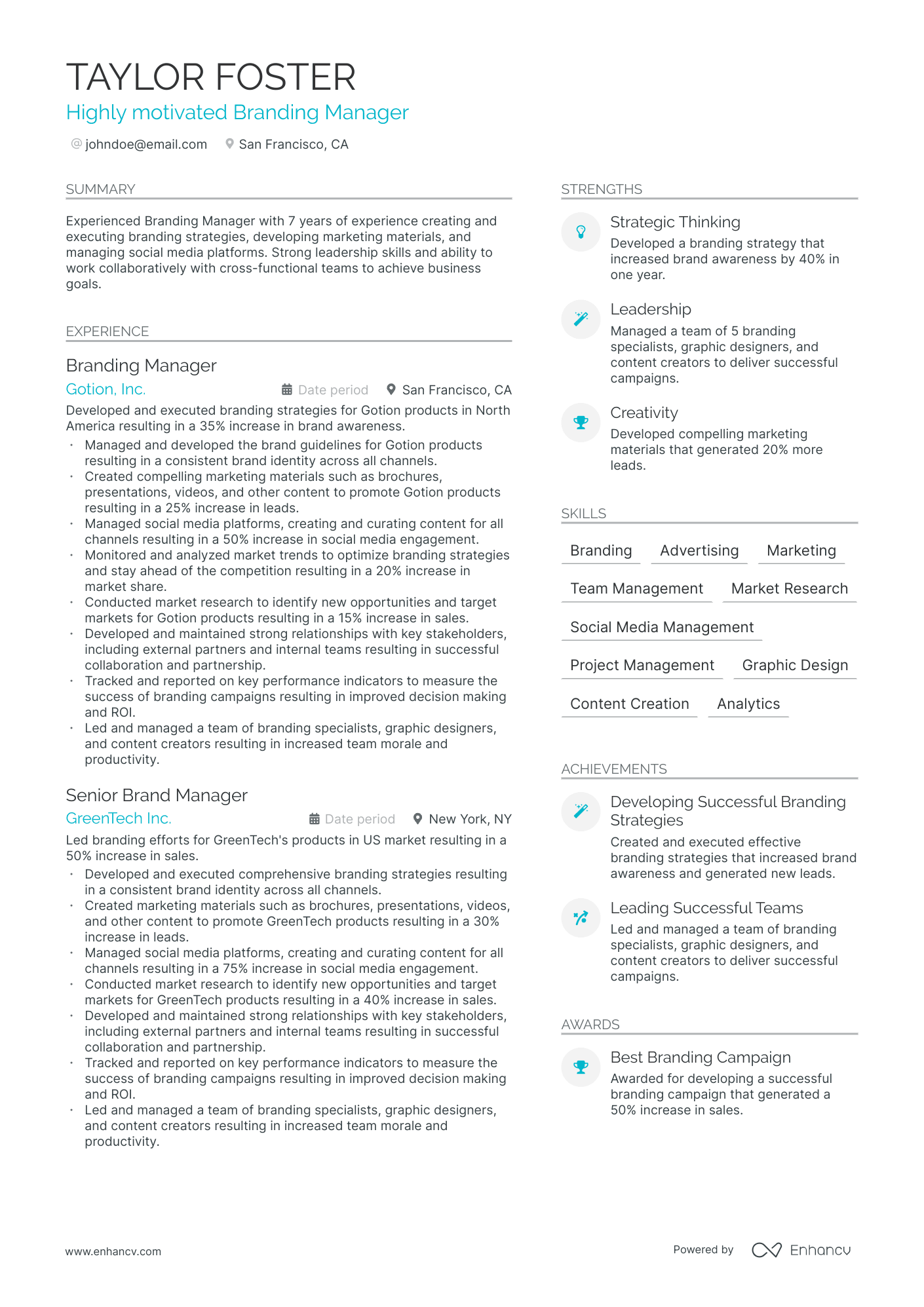 A resume example of a Branding Manager