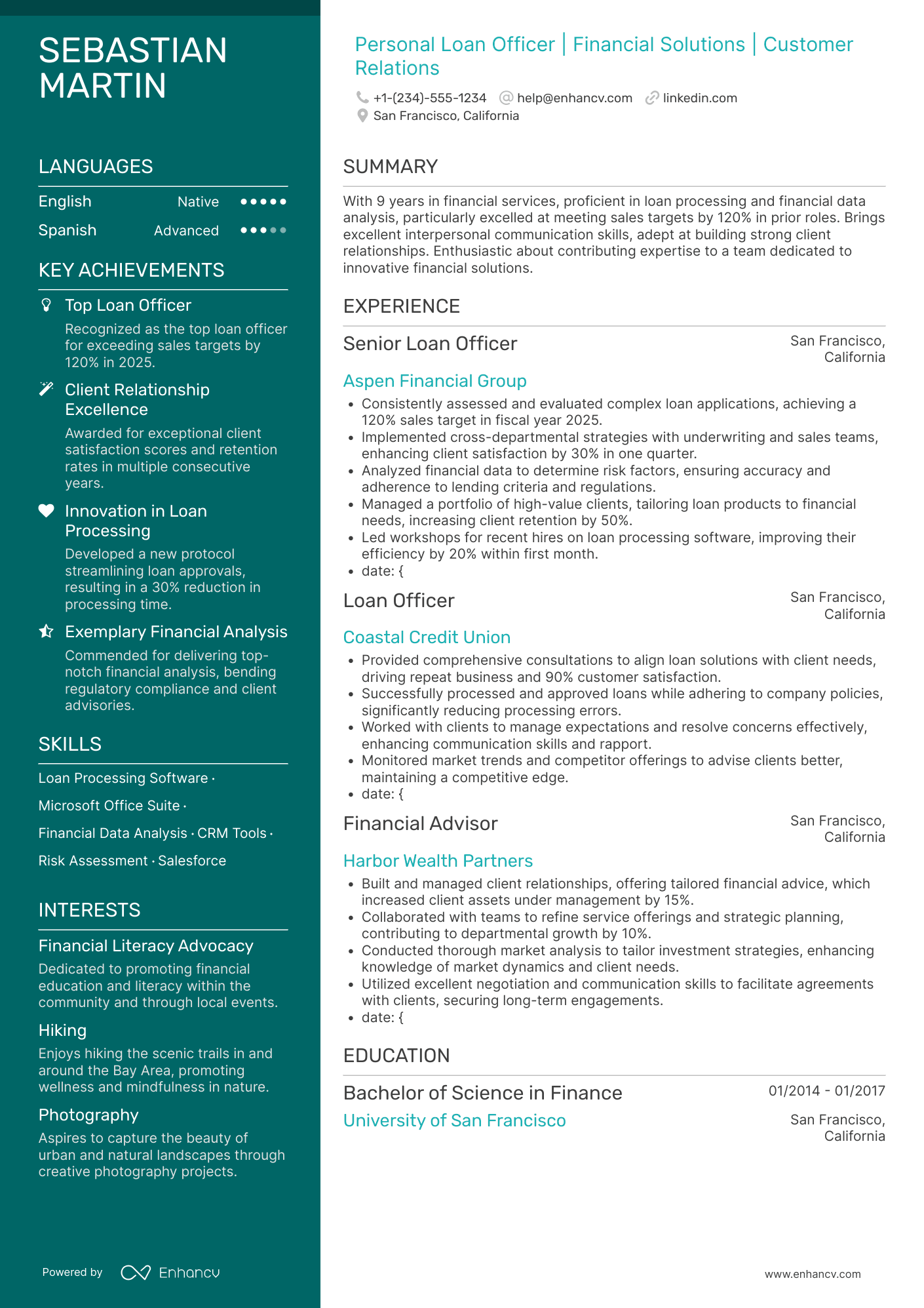 A resume example of a Personal Loan Officer