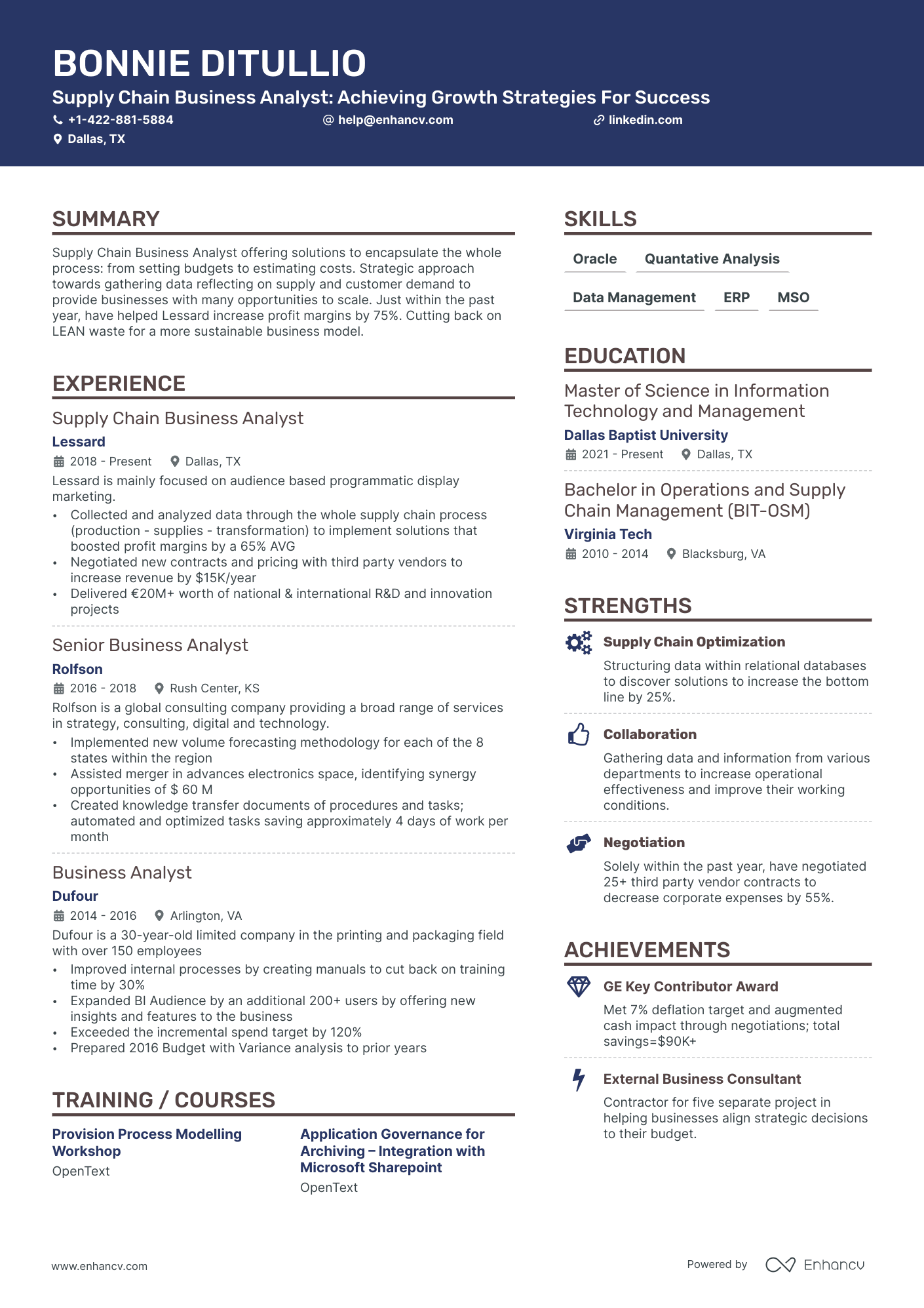 A resume example of a Supply Chain Business Analyst