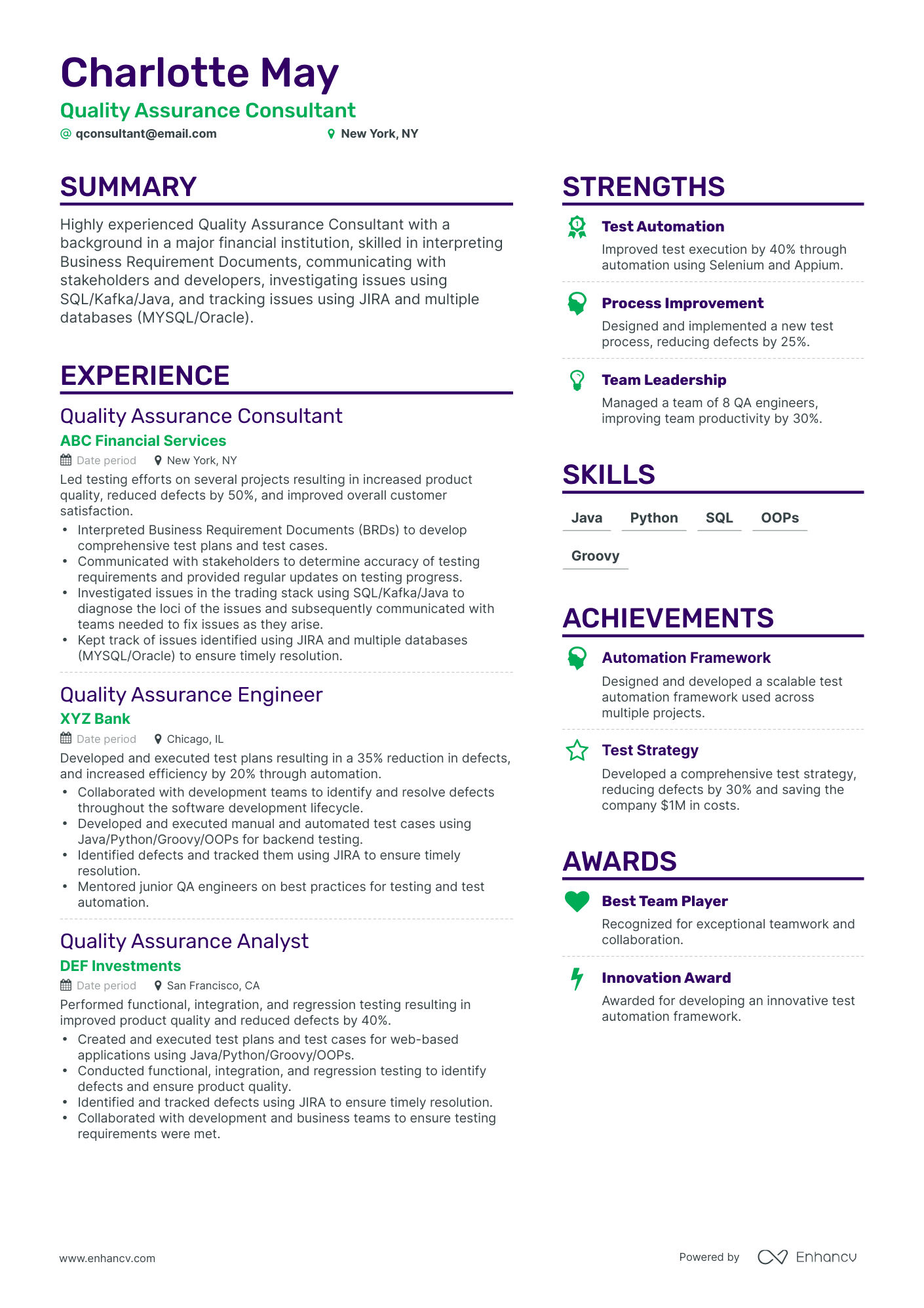 Simple Quality Consultant Resume Template