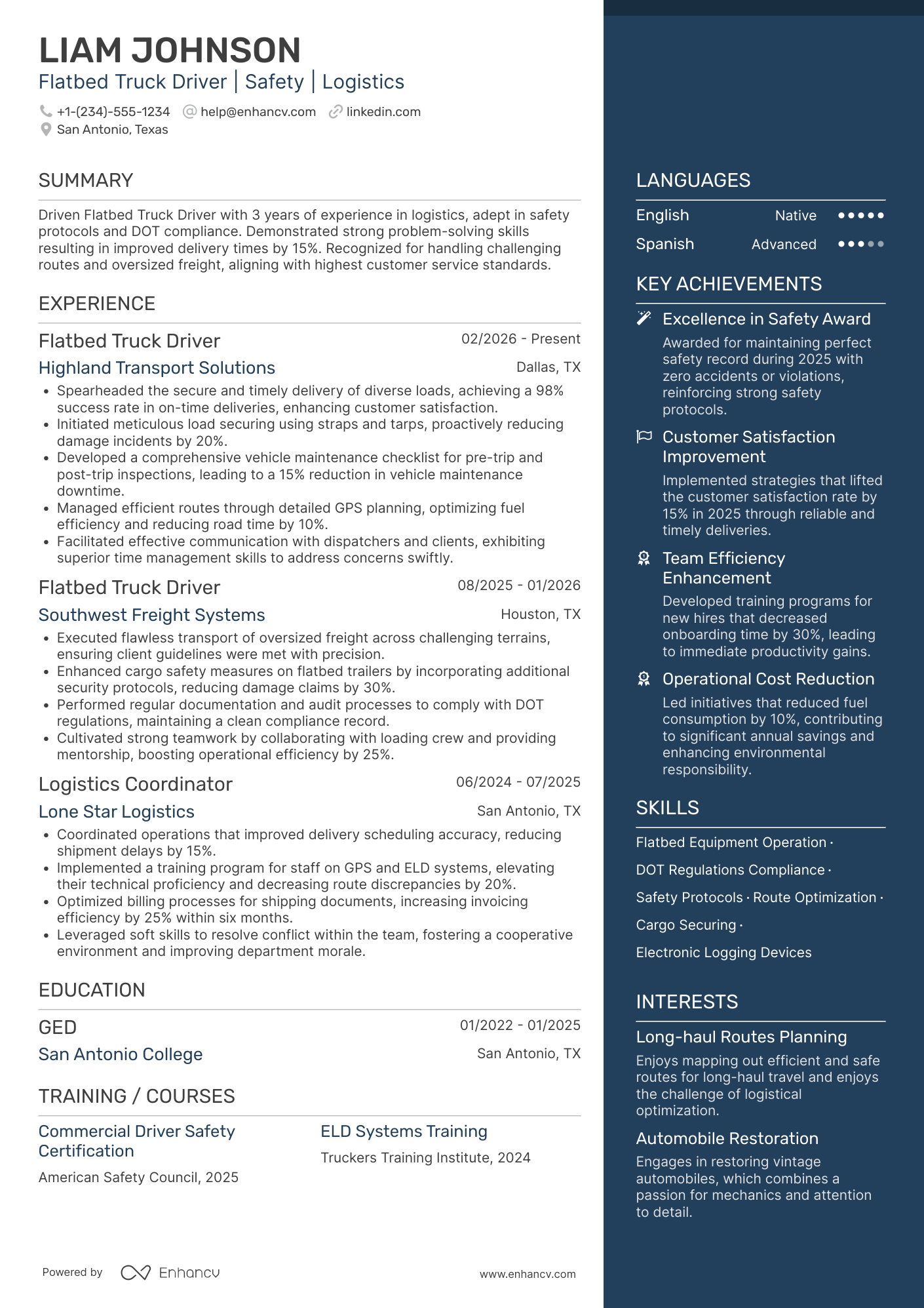 A resume example of a Flatbed Truck Driver