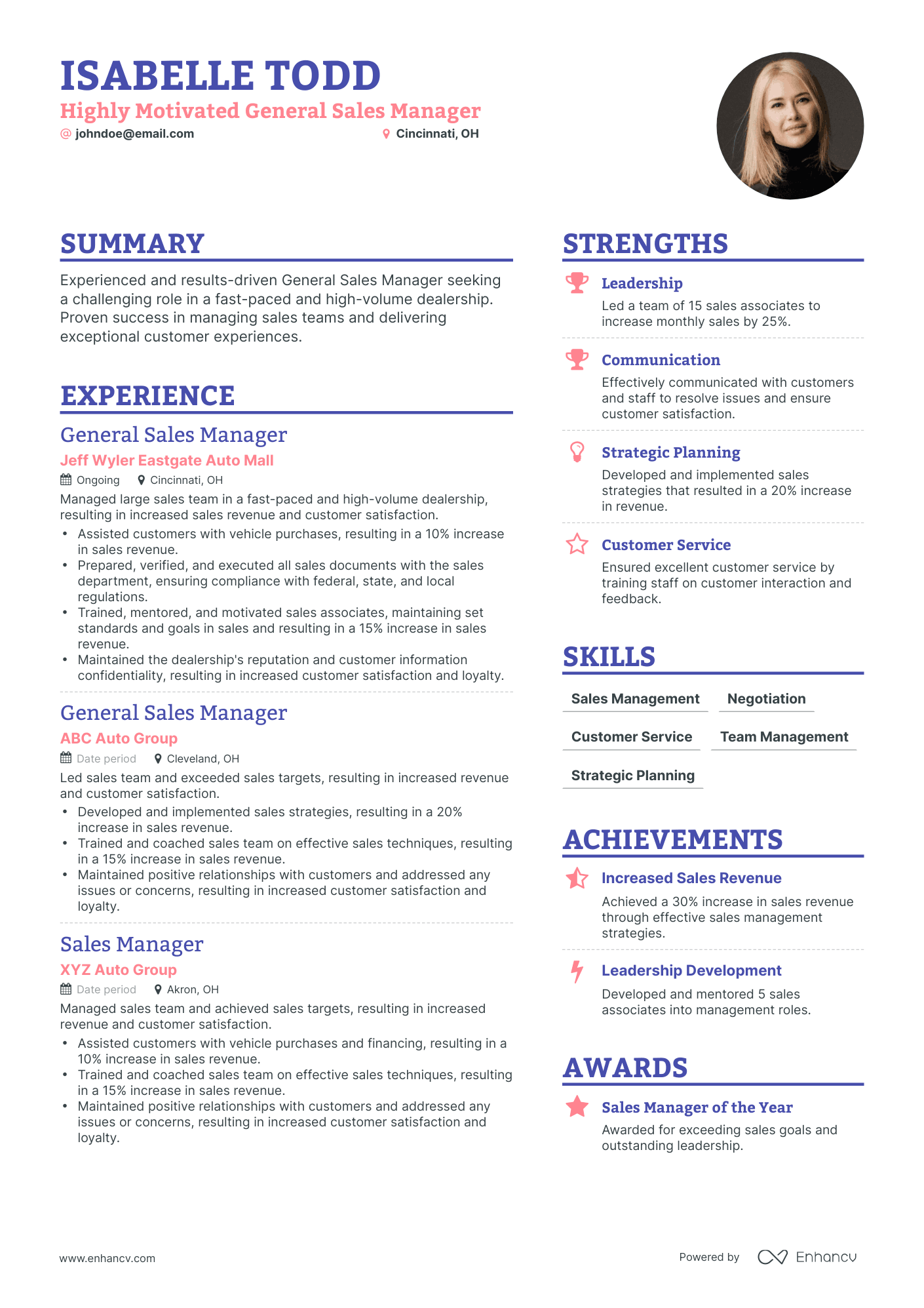 Simple General Sales Manager Resume Template