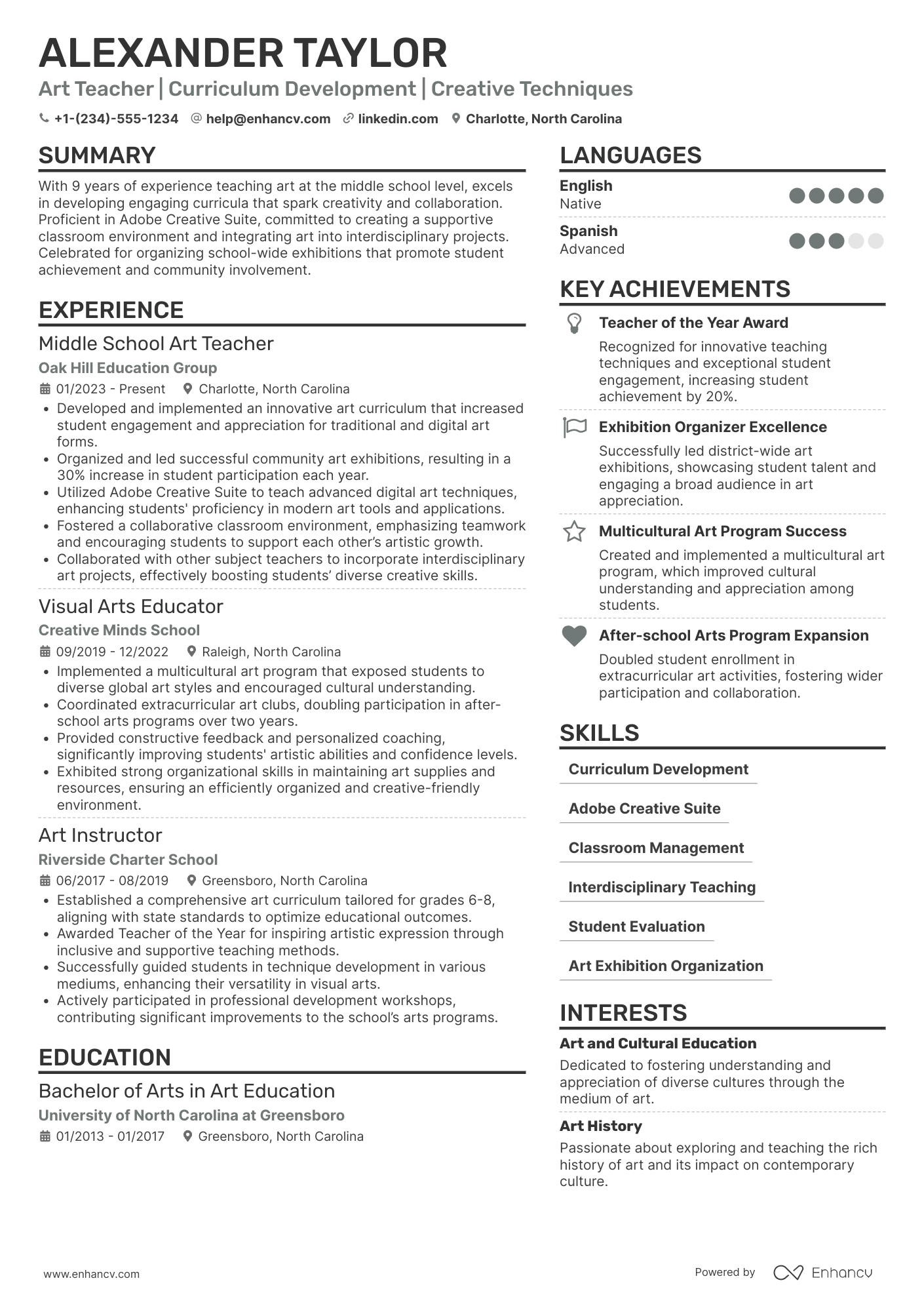 A resume example of a Middle School Art Teacher