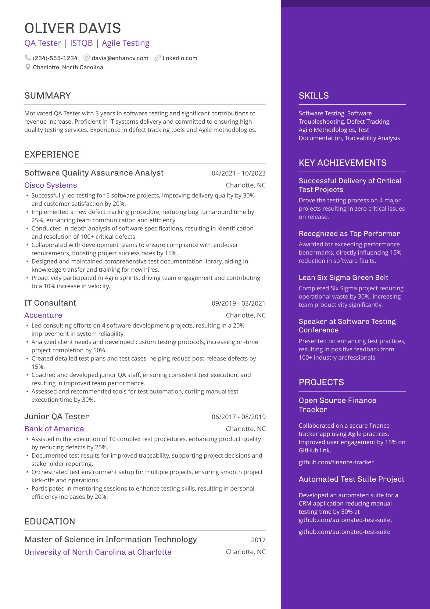 A resume example of a IT Quality Assurance Tester