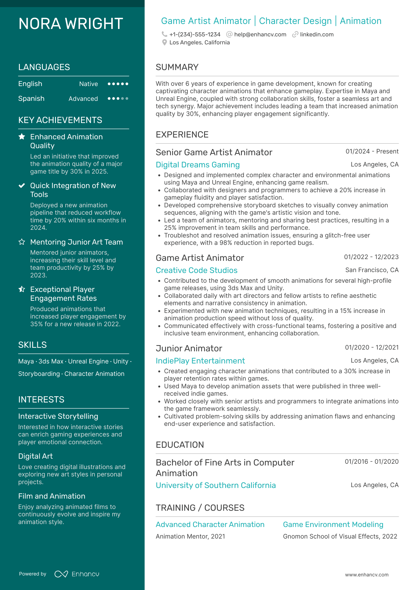 A resume example of a Game Artist Animator