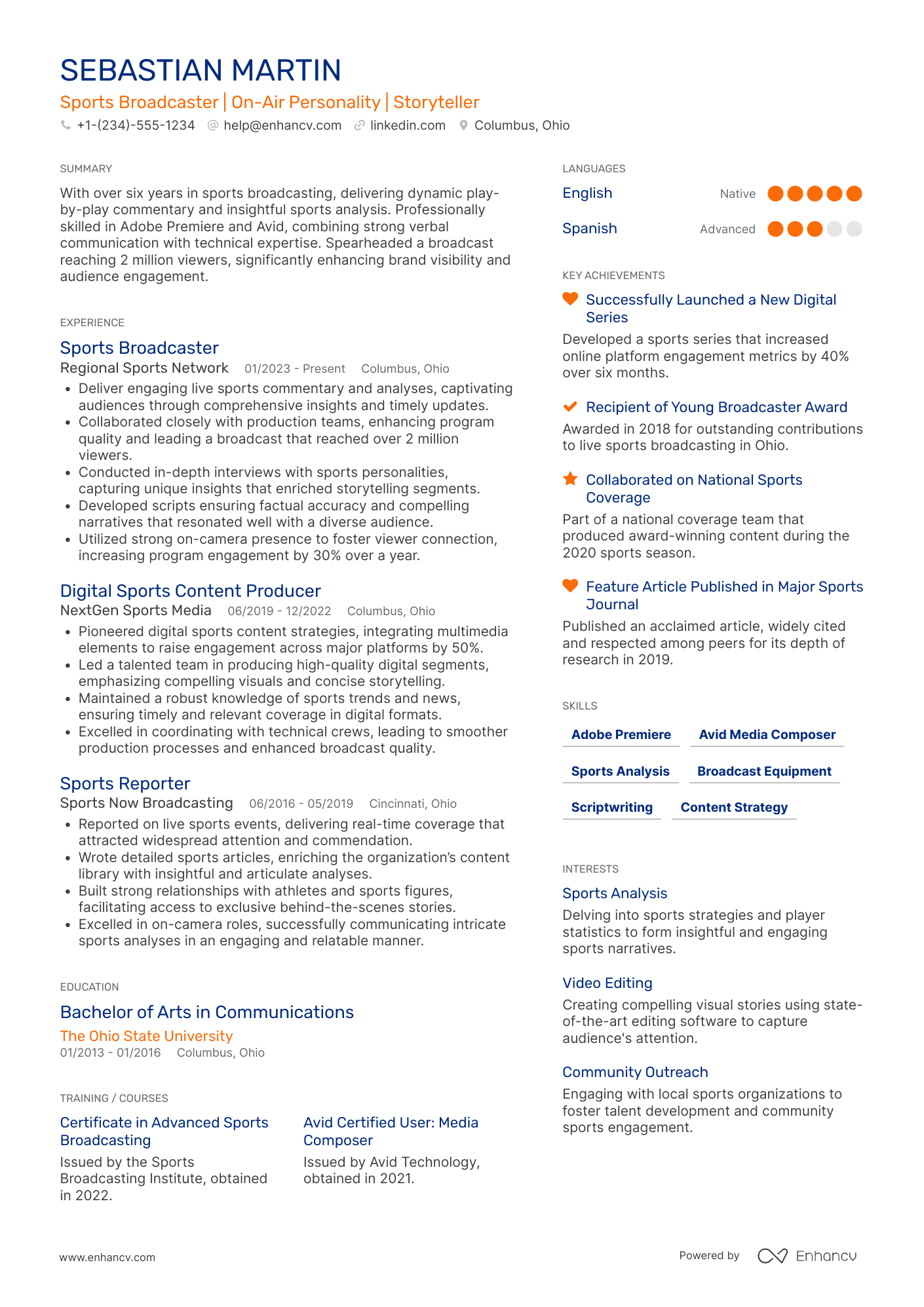 A resume example of a Mid Level Sports Broadcaster