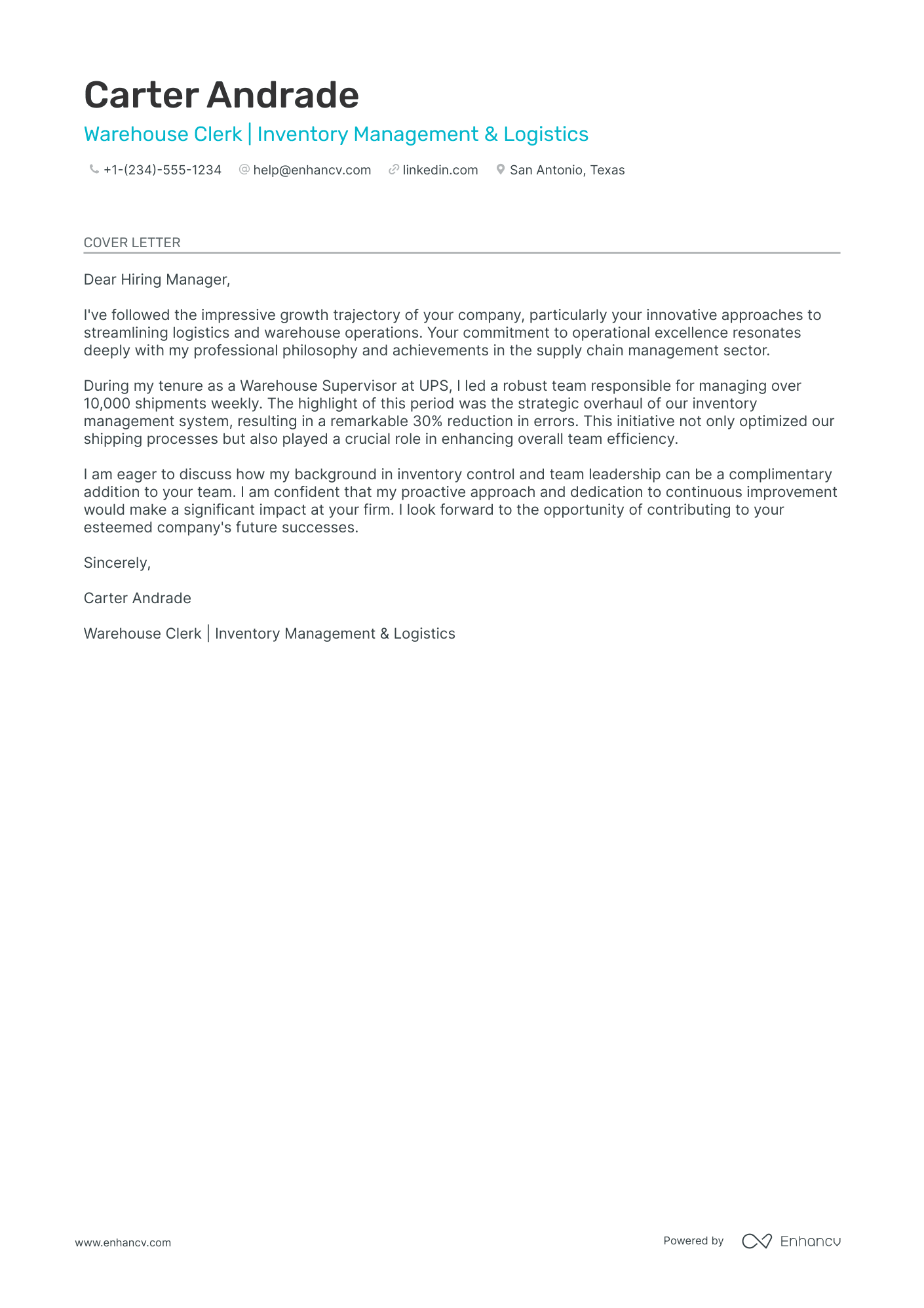 cover letter example for warehouse job