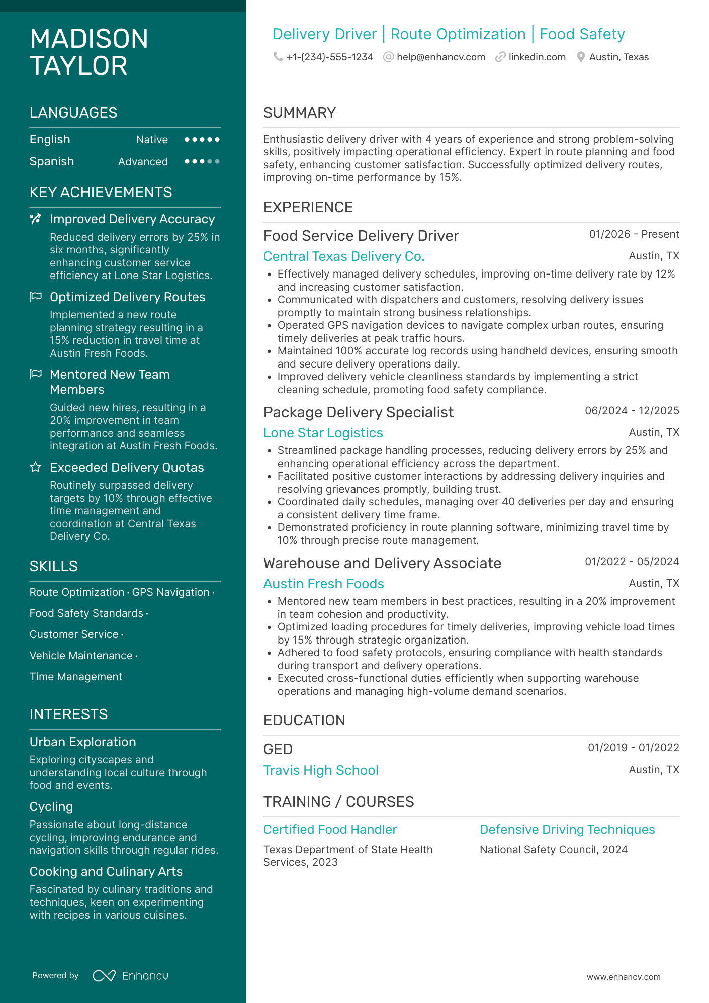A resume example of a Food Service Delivery Driver