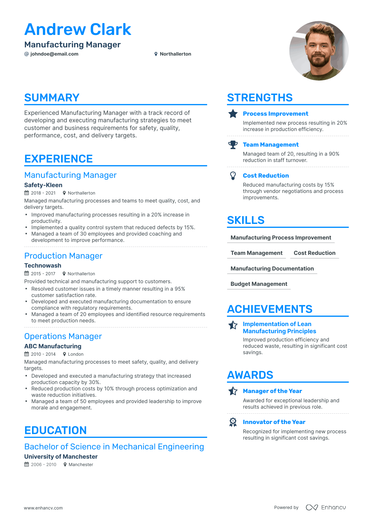 Simple Manufacturing Manager Resume Template