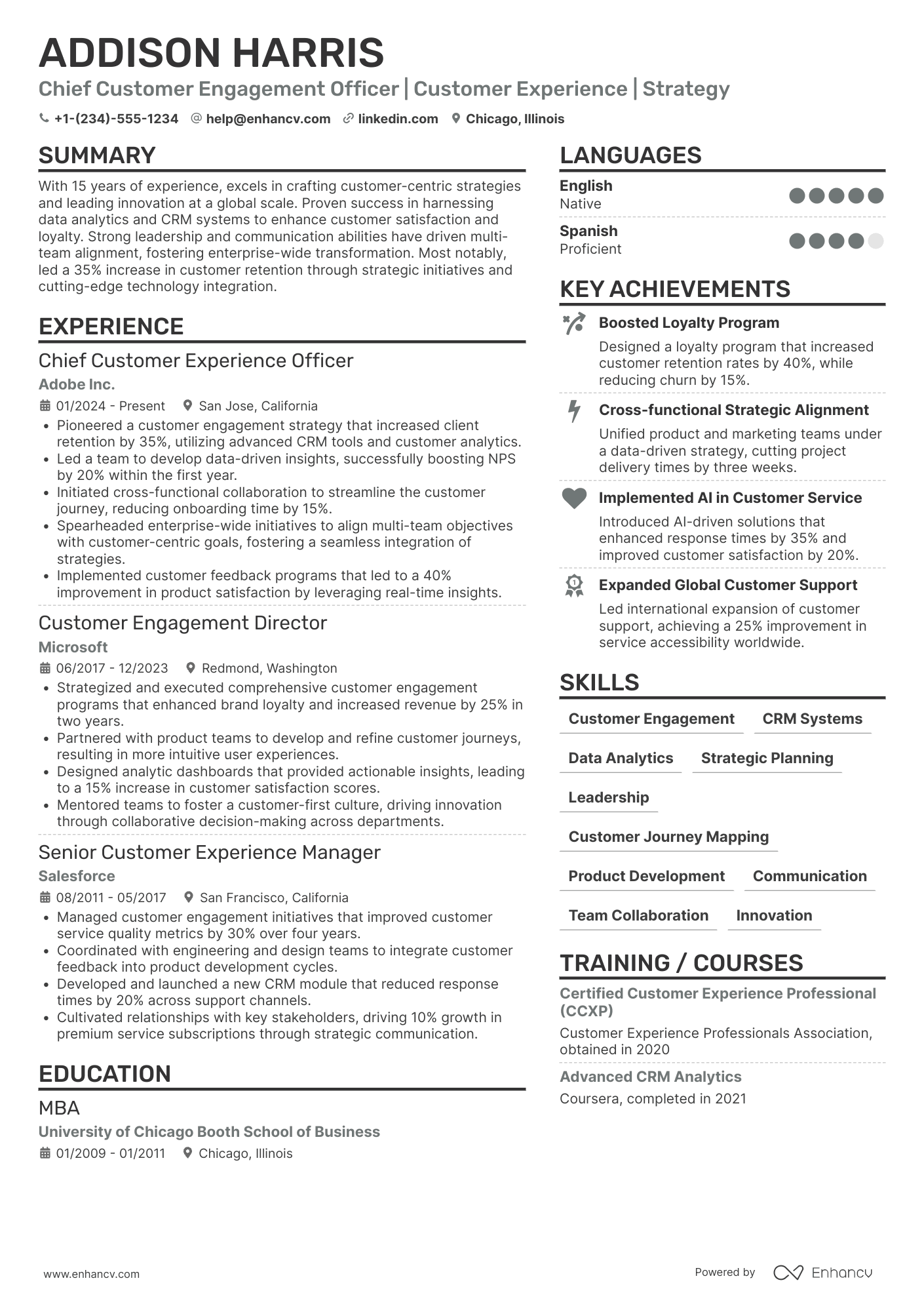 A resume example of a Chief Customer Engagement Officer