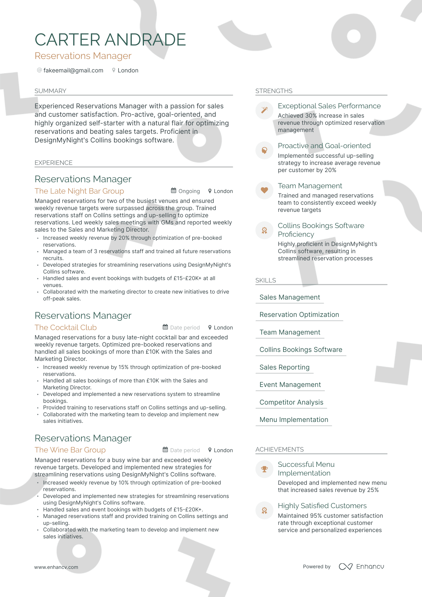 Modern Reservations Manager Resume Template