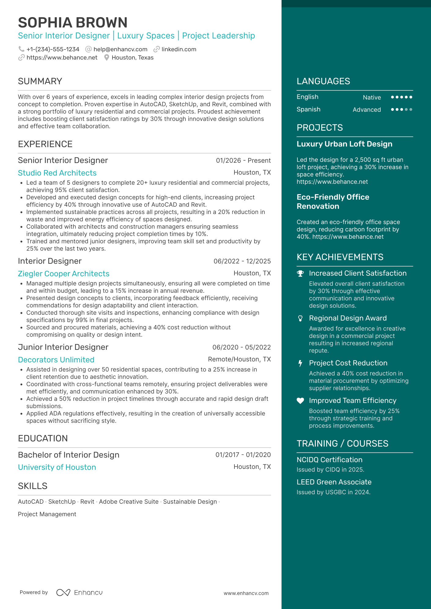 A resume example of a Senior Interior Designer