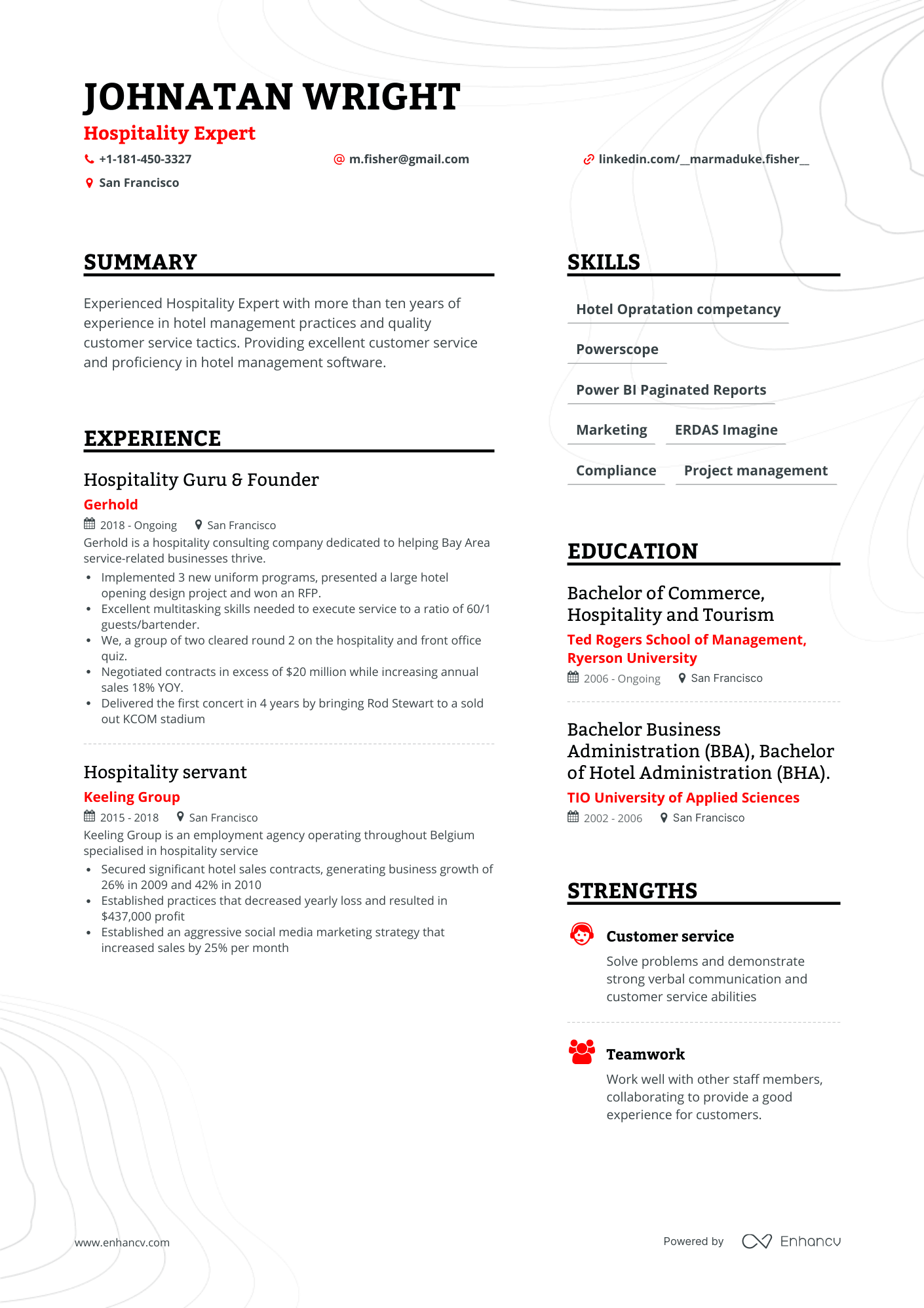 resume sample for hospitality industry