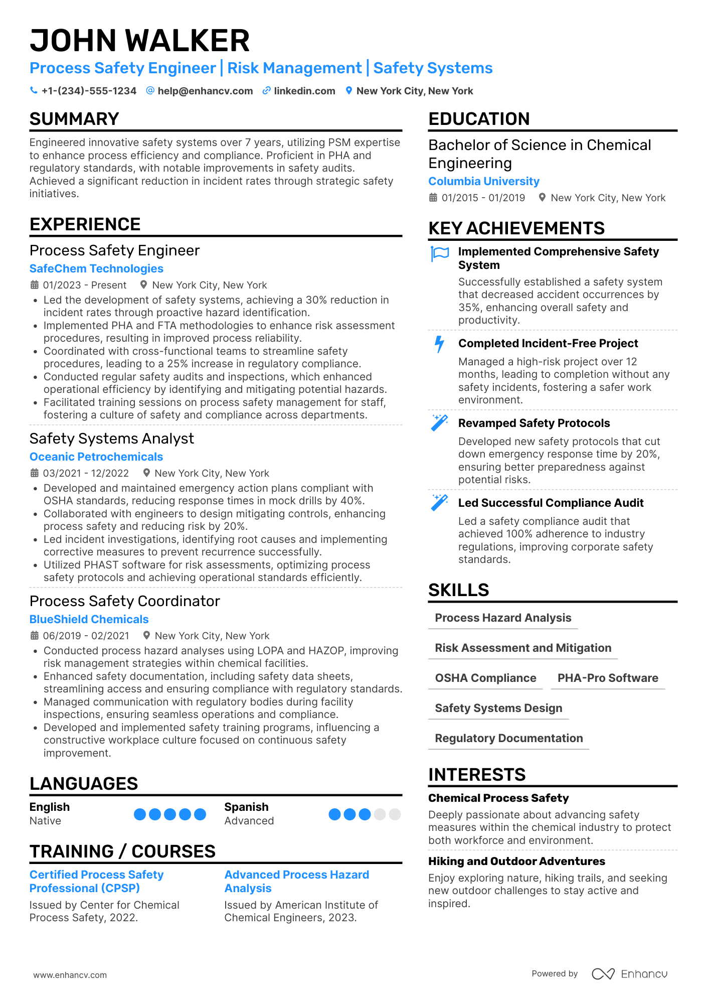 A resume example of a Process Safety Engineer