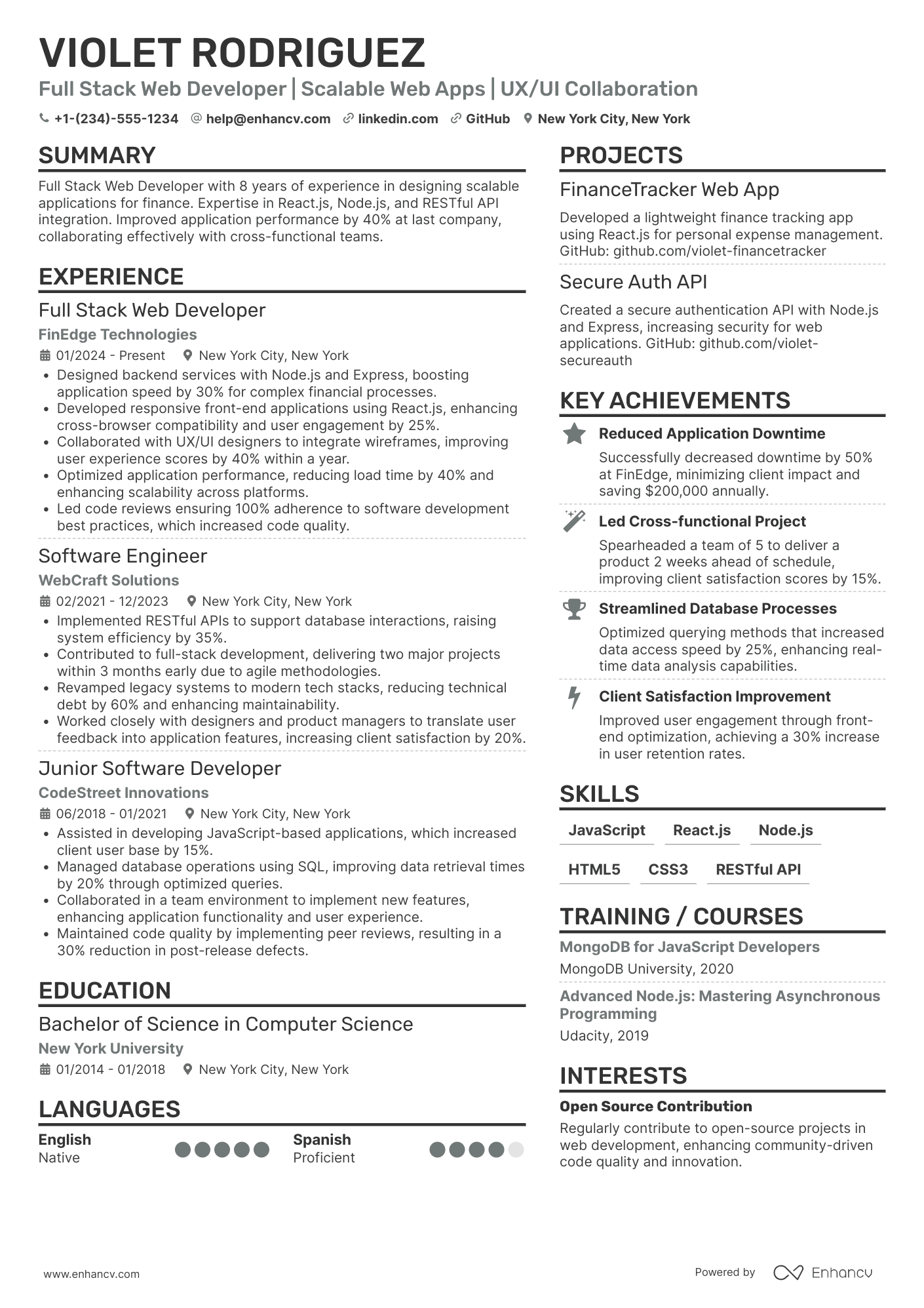 A resume example of a Full Stack Web Developer