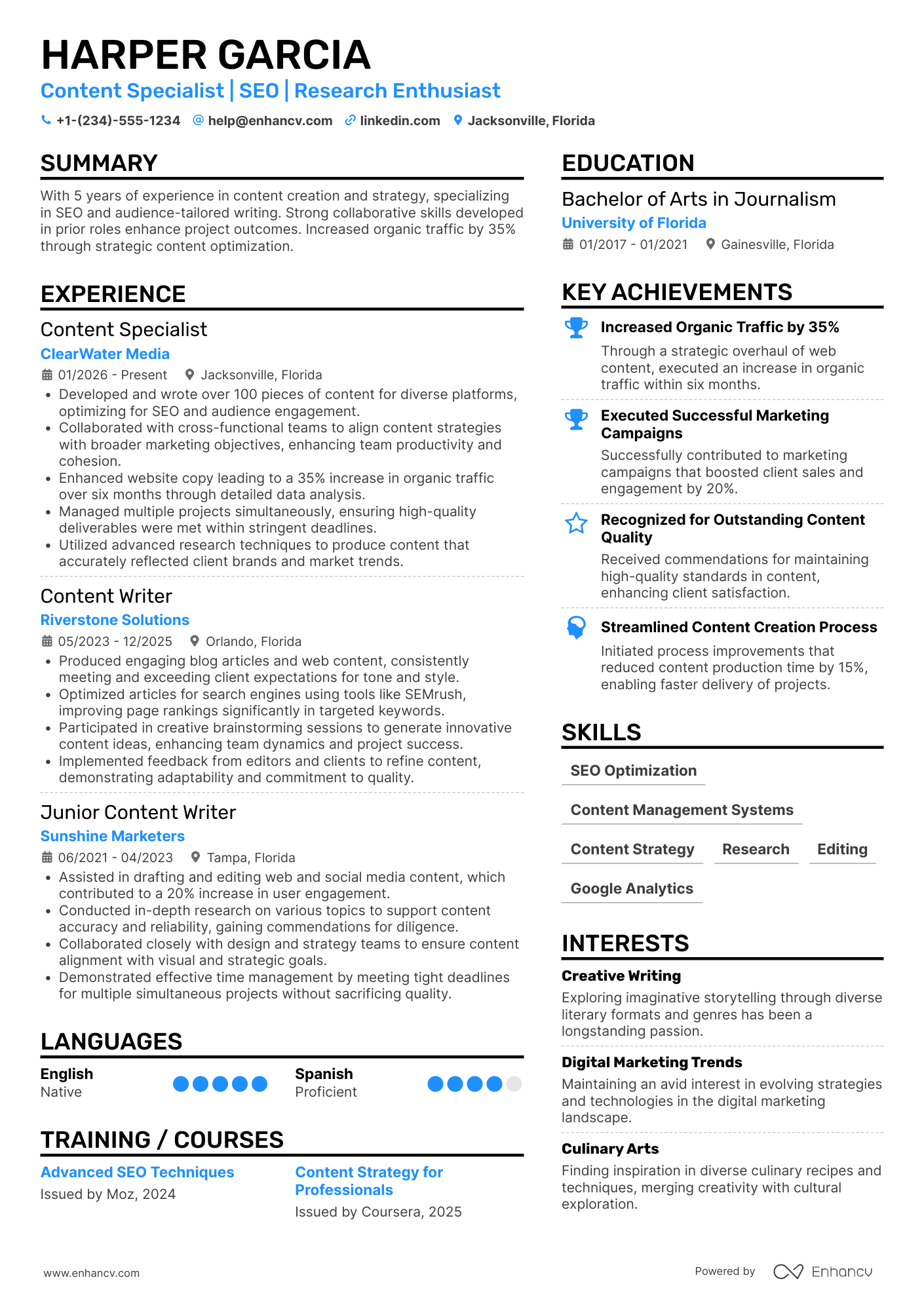 A resume example of a Content Writer