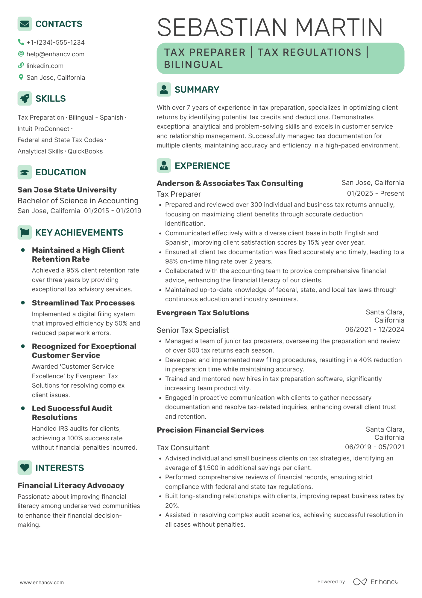 A resume example of a Bilingual Tax Preparer