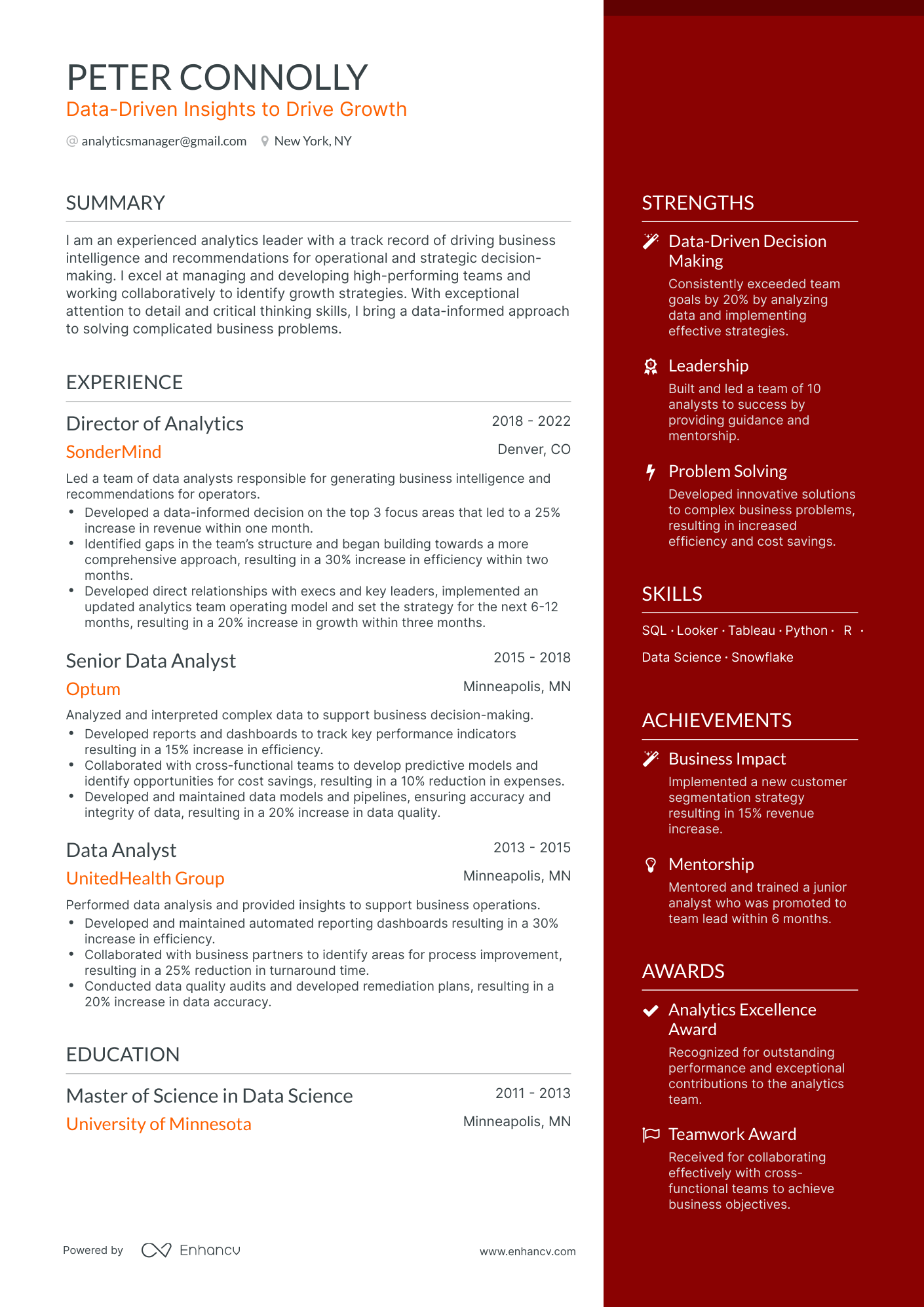 One Page Analytics Manager Resume Template