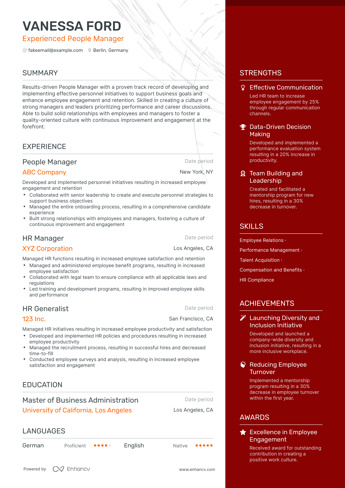 One Page People Manager Resume Template