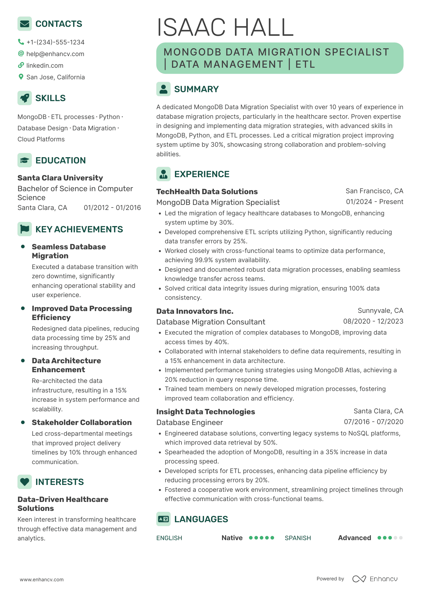 A resume example of a MongoDB Data Migration Specialist