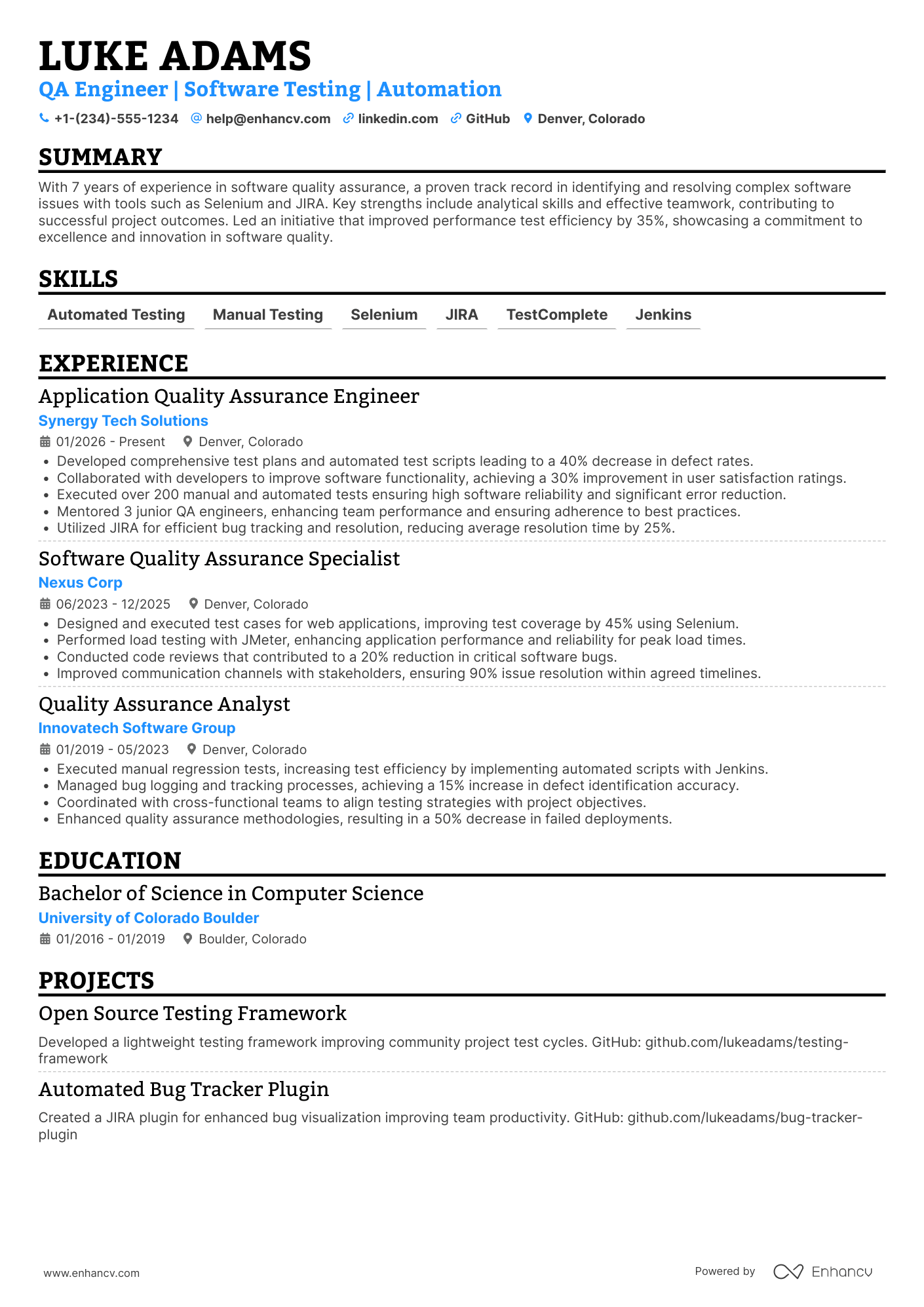 A resume example of a Application Quality Assurance Engineer
