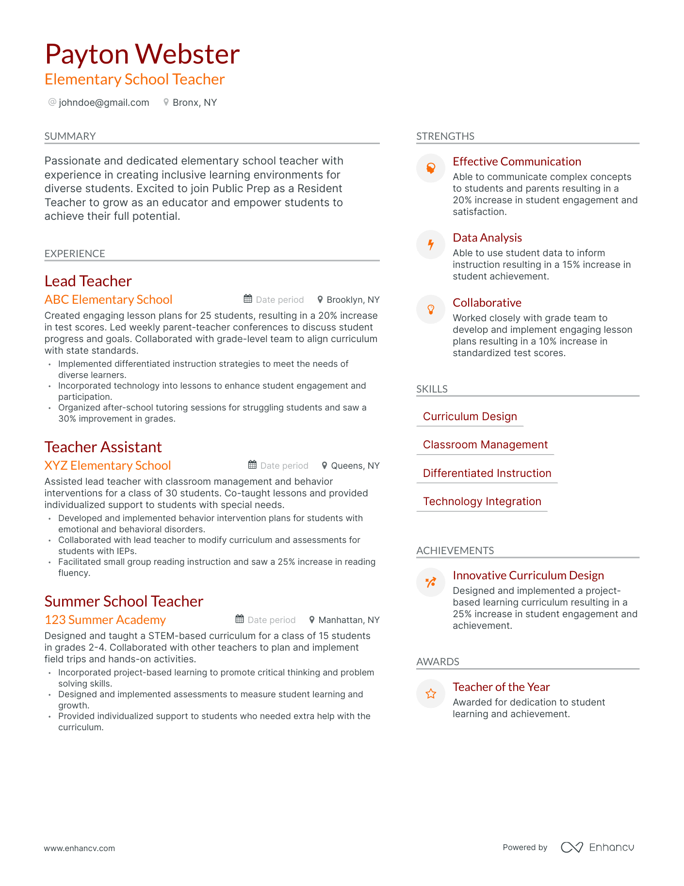 Modern Elementary School Teacher Resume Template