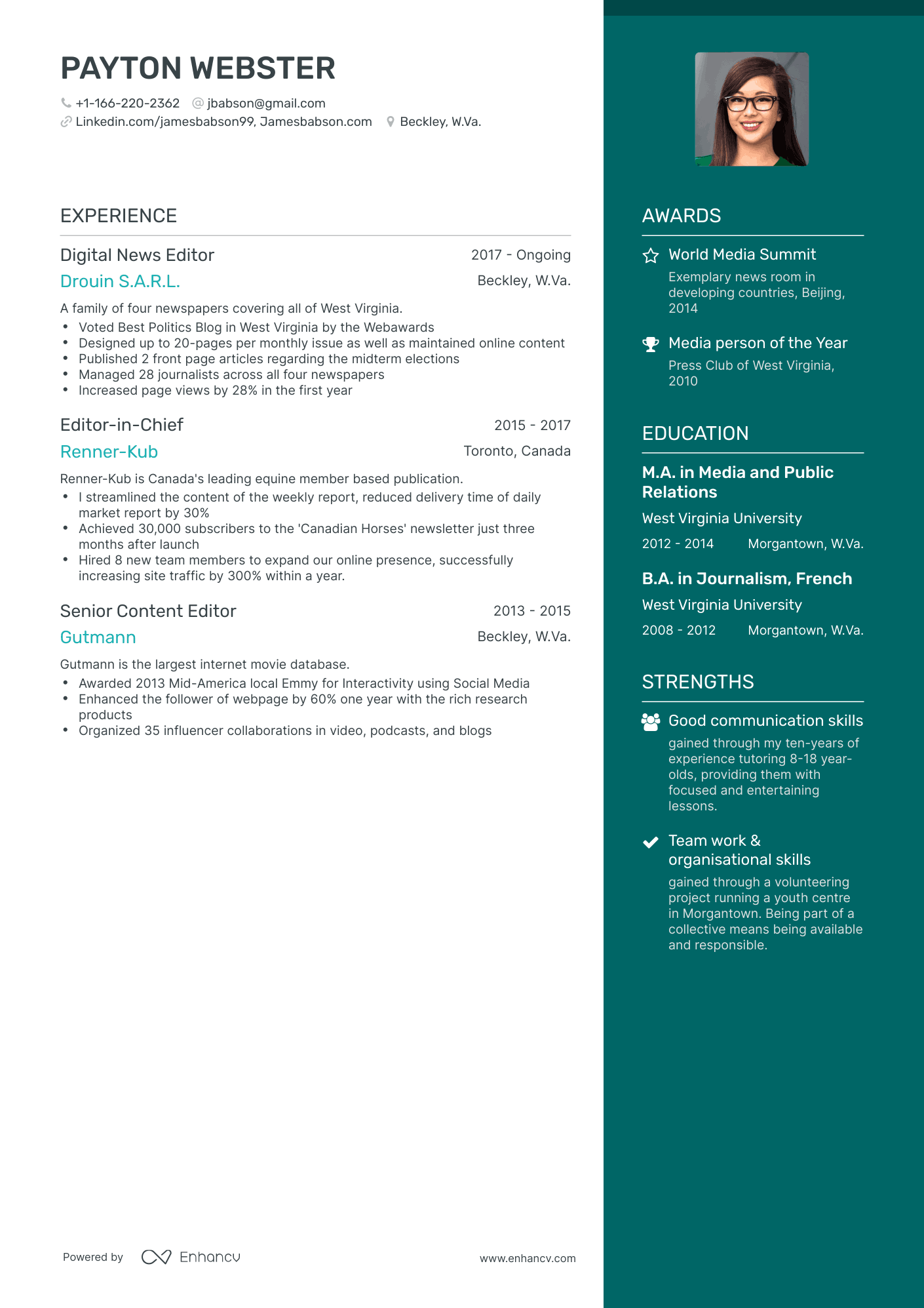 One Page Editor Resume Template