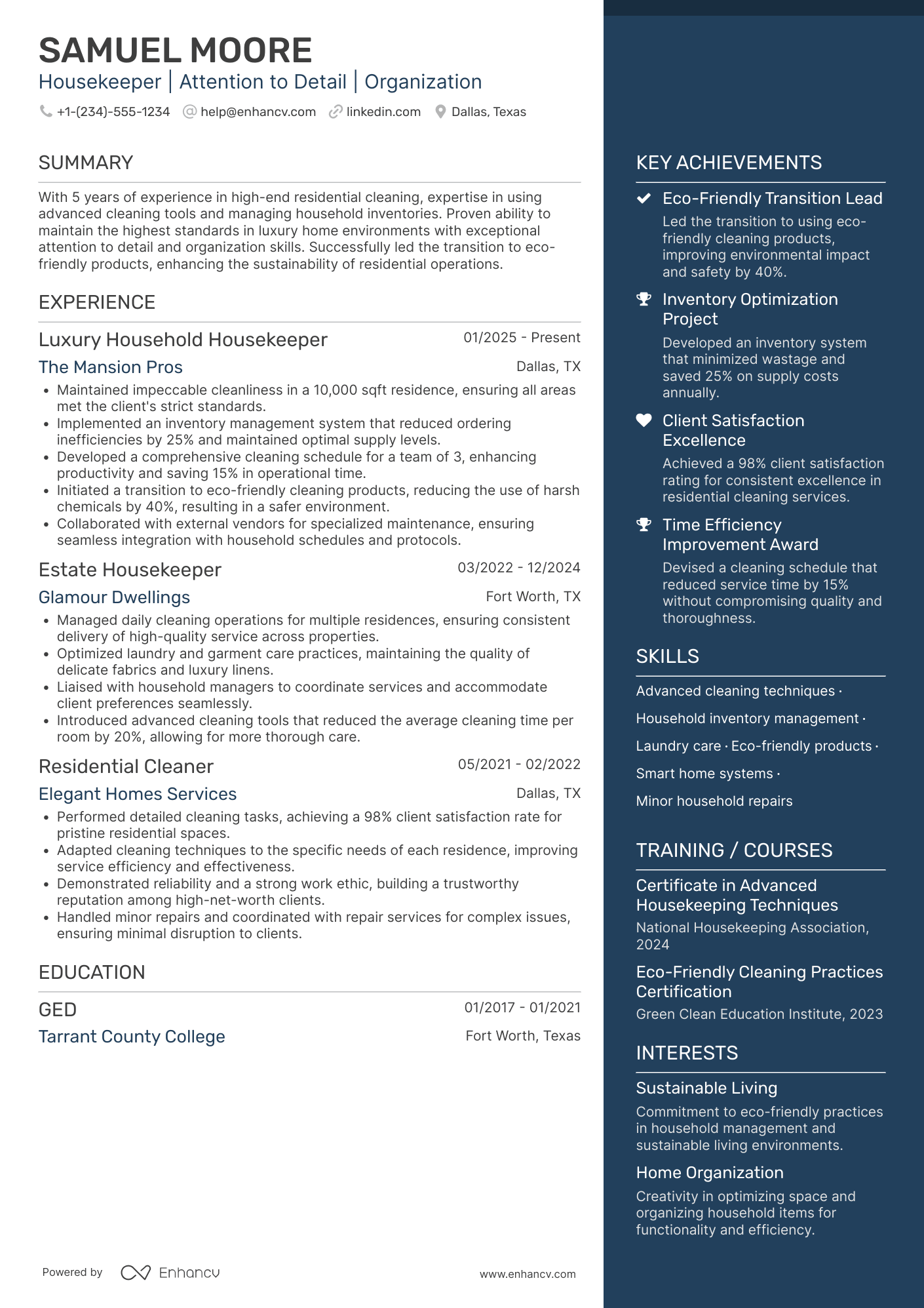 A resume example of a Private Household Housekeeper