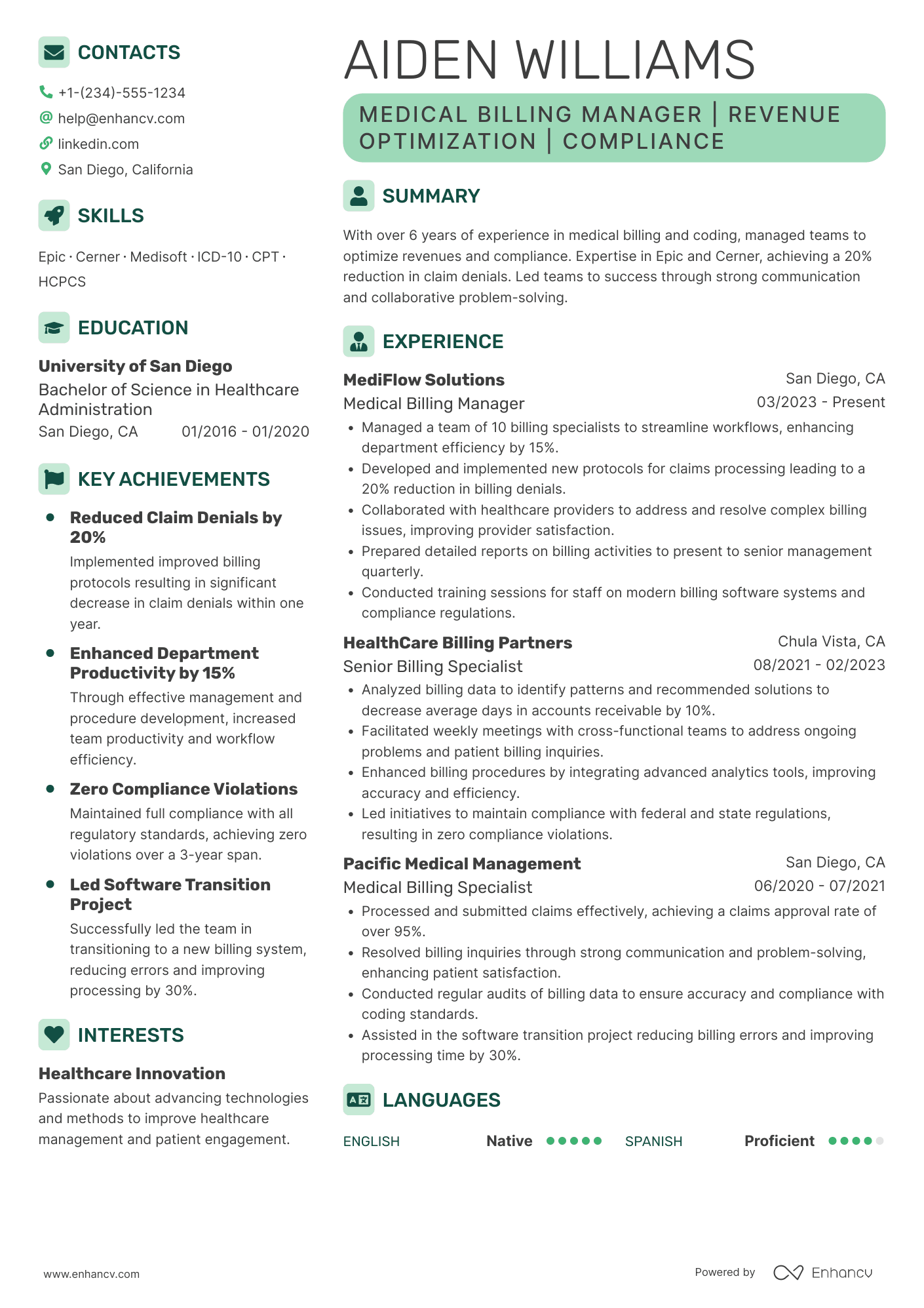 A resume example of a Medical Billing Manager