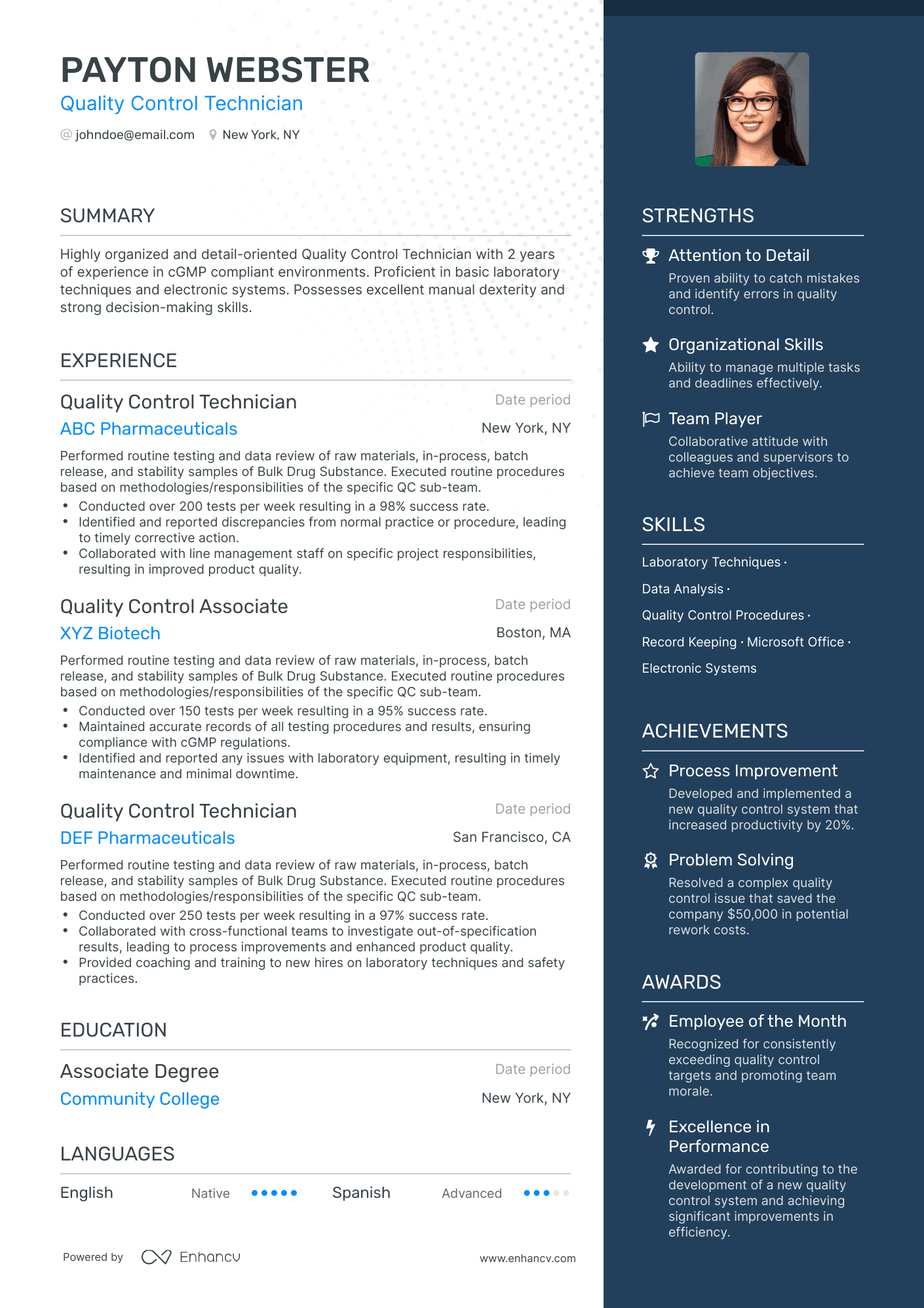 One Page Quality Control Technician Resume Template