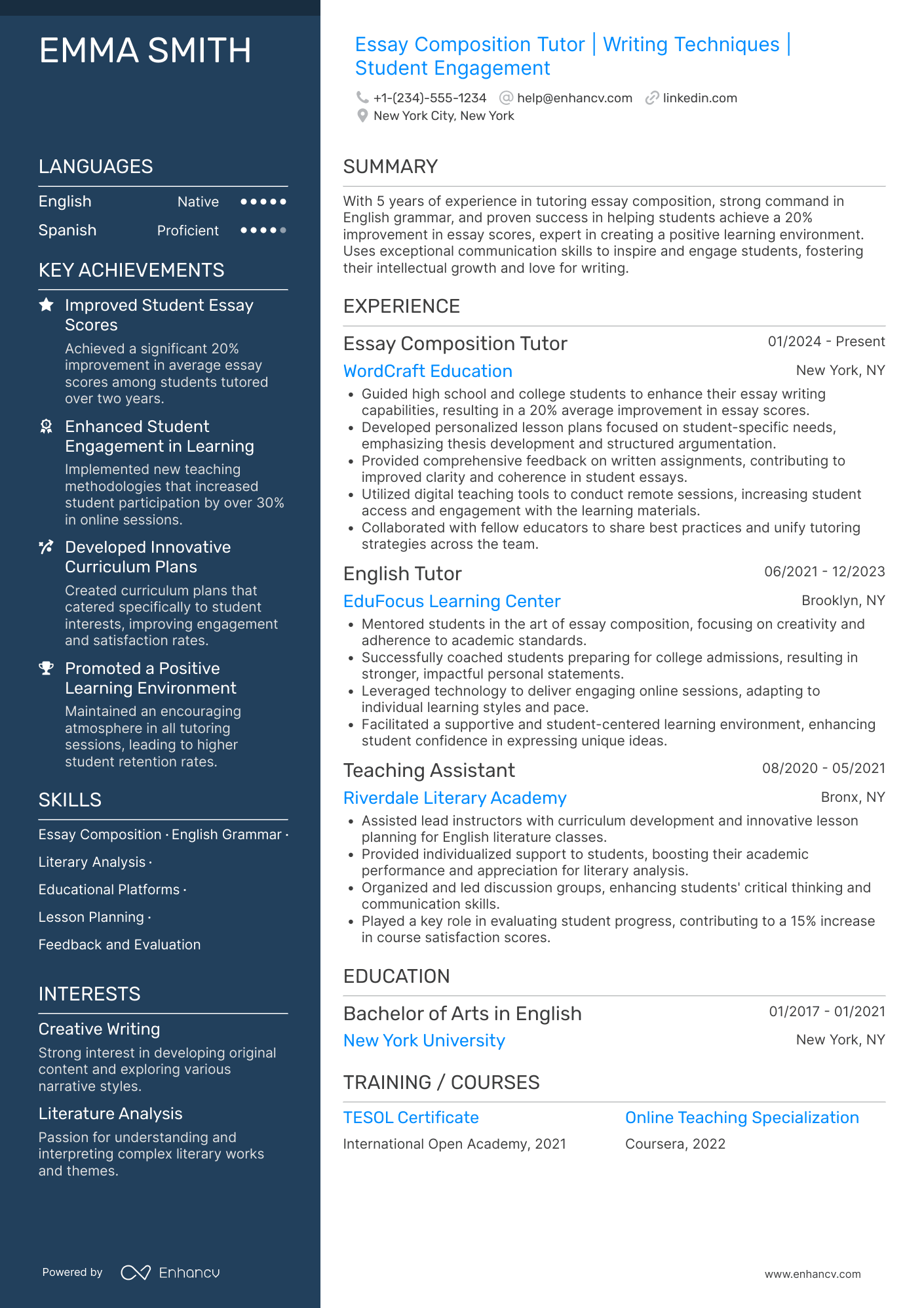 A resume example of a Essay Composition Tutor