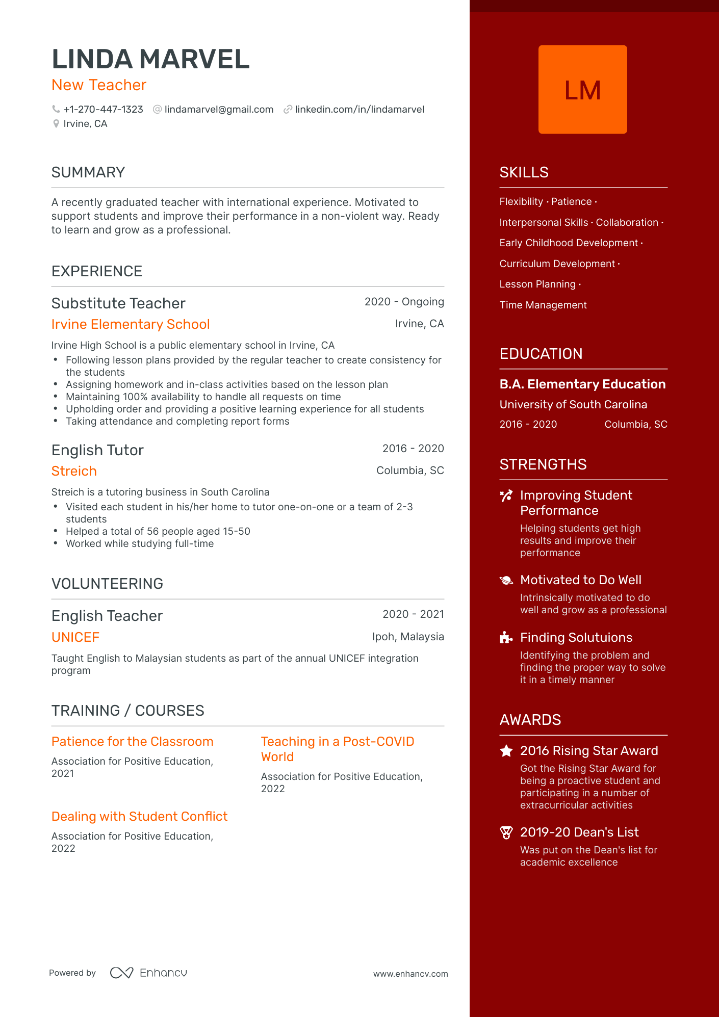 One Page New Teacher Resume Template