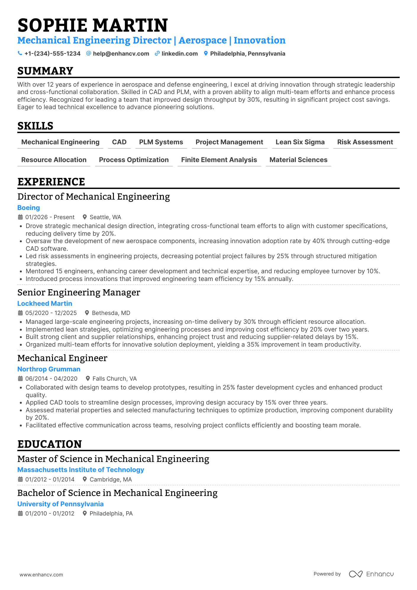 A resume example of a Mechanical Engineering Director