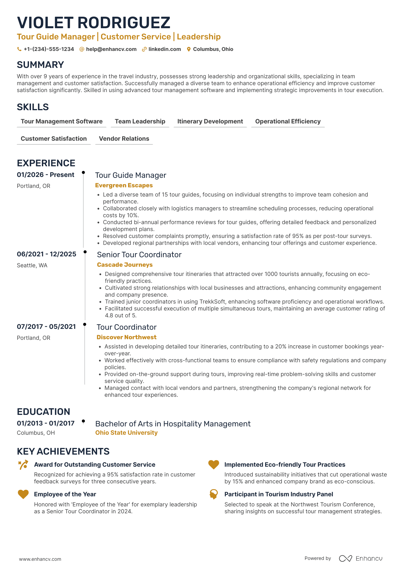 A resume example of a Tour Guide Manager