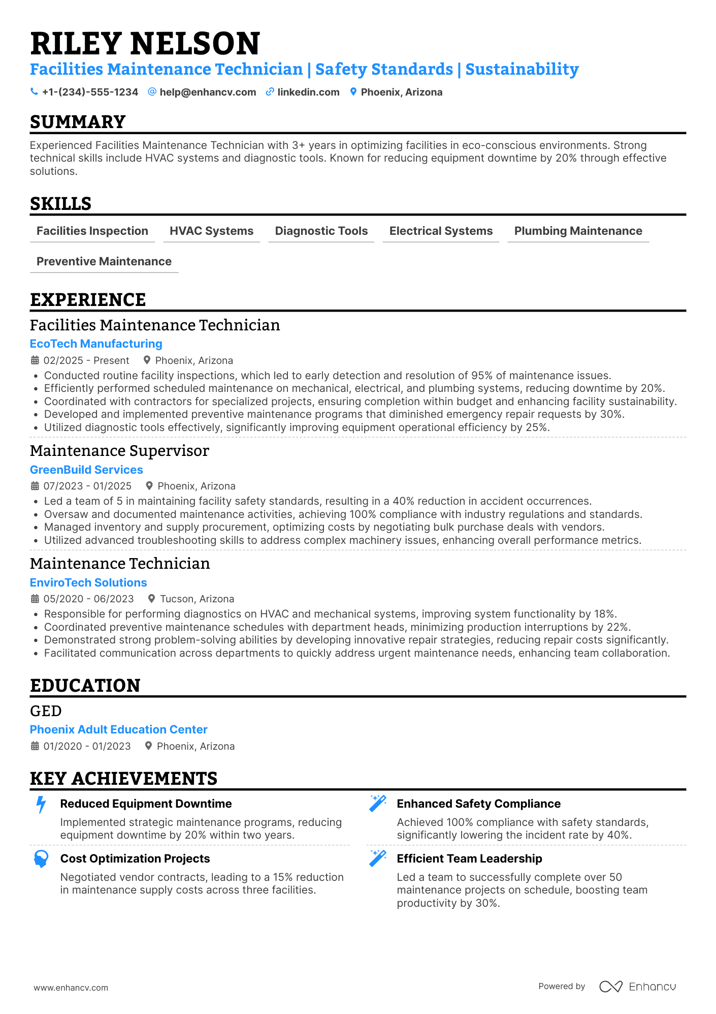 A resume example of a Facilities Maintenance Technician
