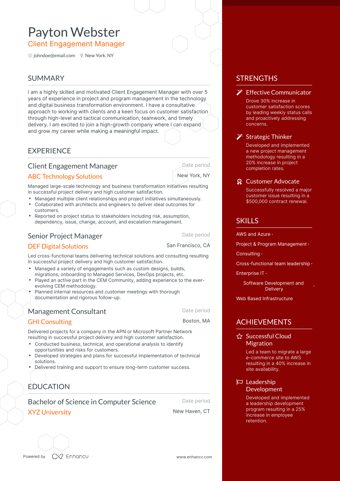 One Page Client Engagement Manager Resume Template