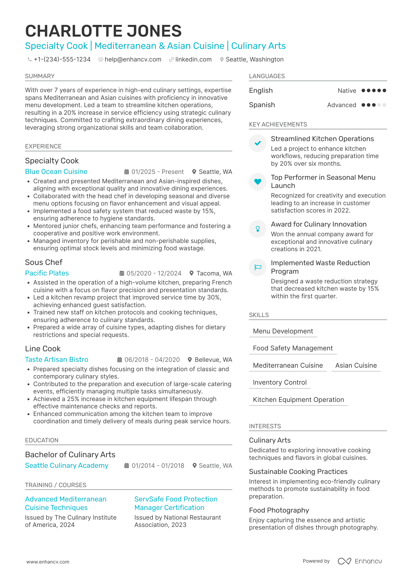 A resume example of a Specialty Cook