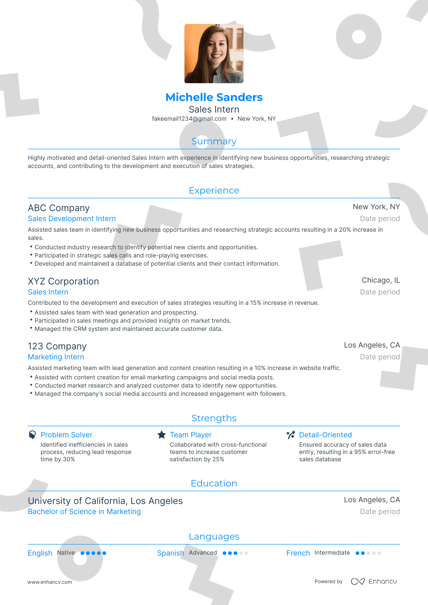 Traditional Sales Intern Resume Template