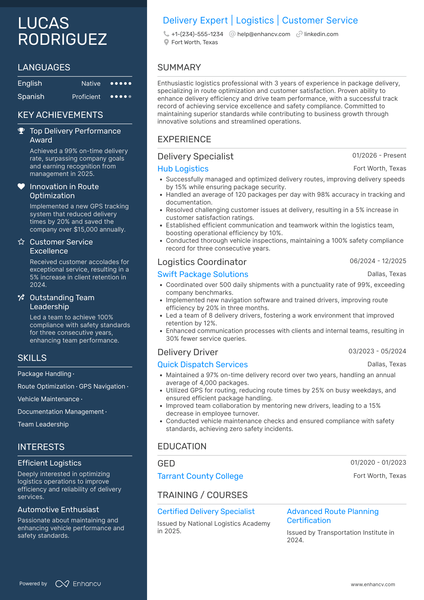 A resume example of a FedEx Delivery Driver