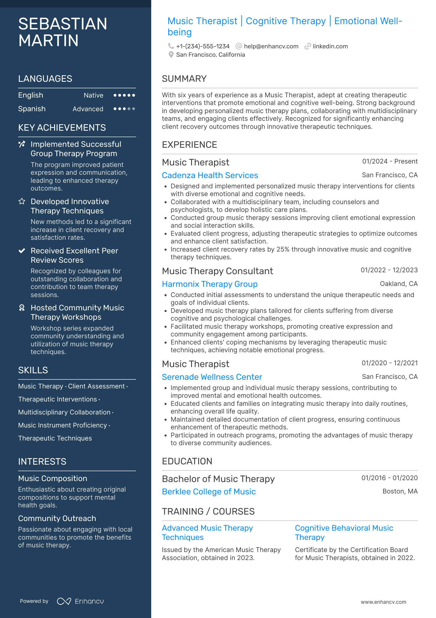 A resume example of a Music Therapist