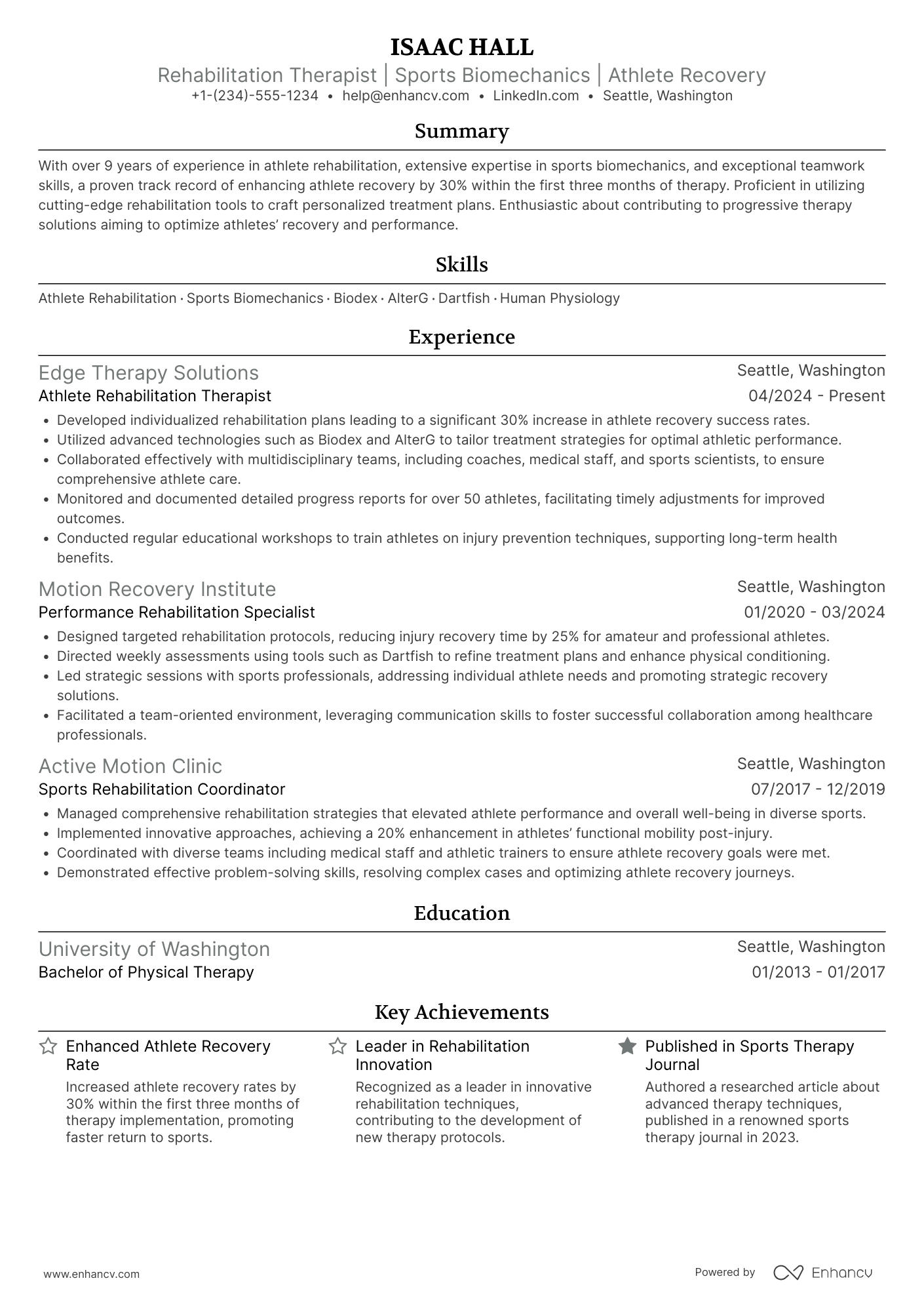 A resume example of a Athlete Rehabilitation Therapist