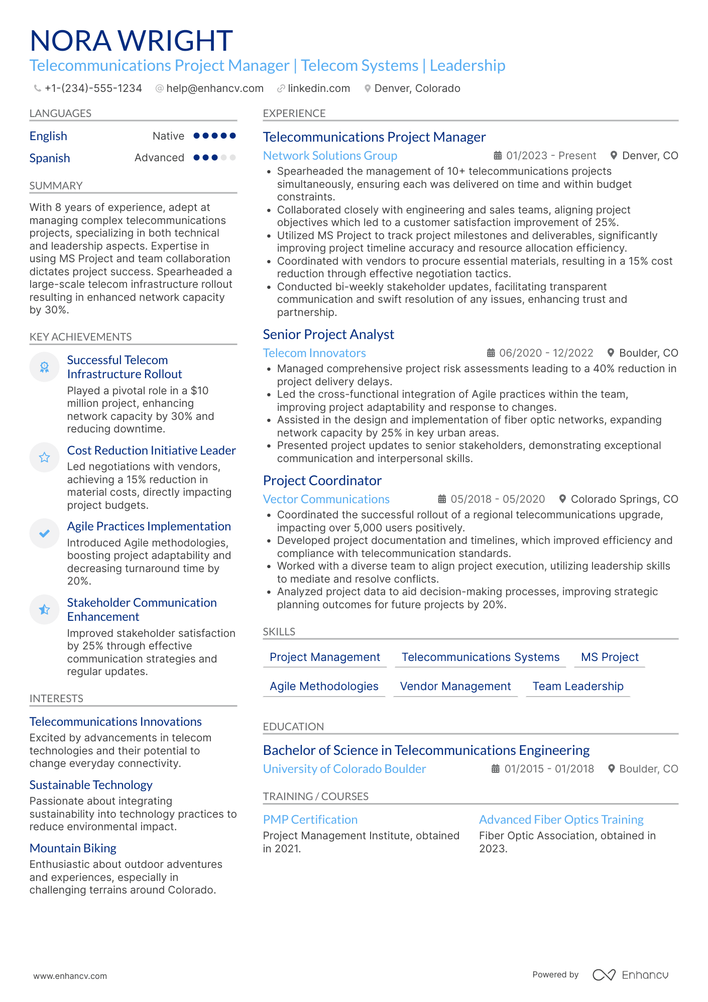 A resume example of a Telecommunications Project Manager
