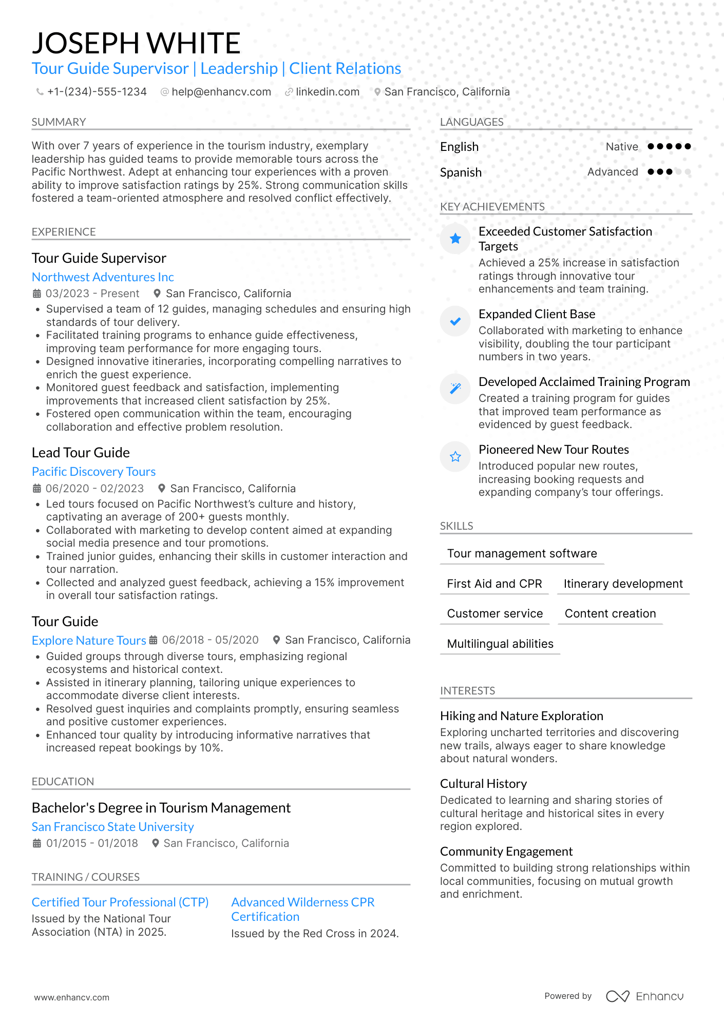 A resume example of a Tour Guide Supervisor