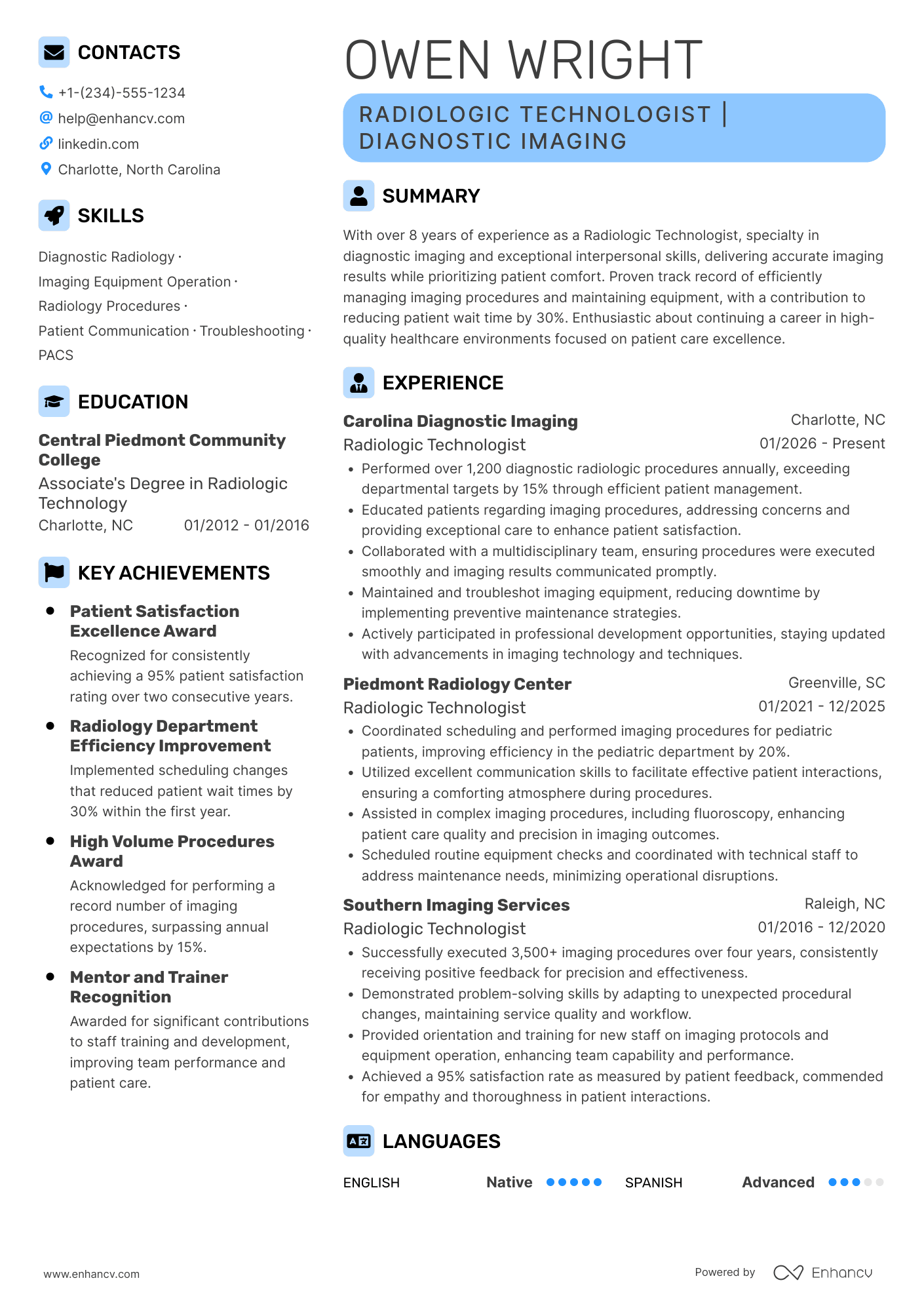 A resume example of a Radiologic Technologist I