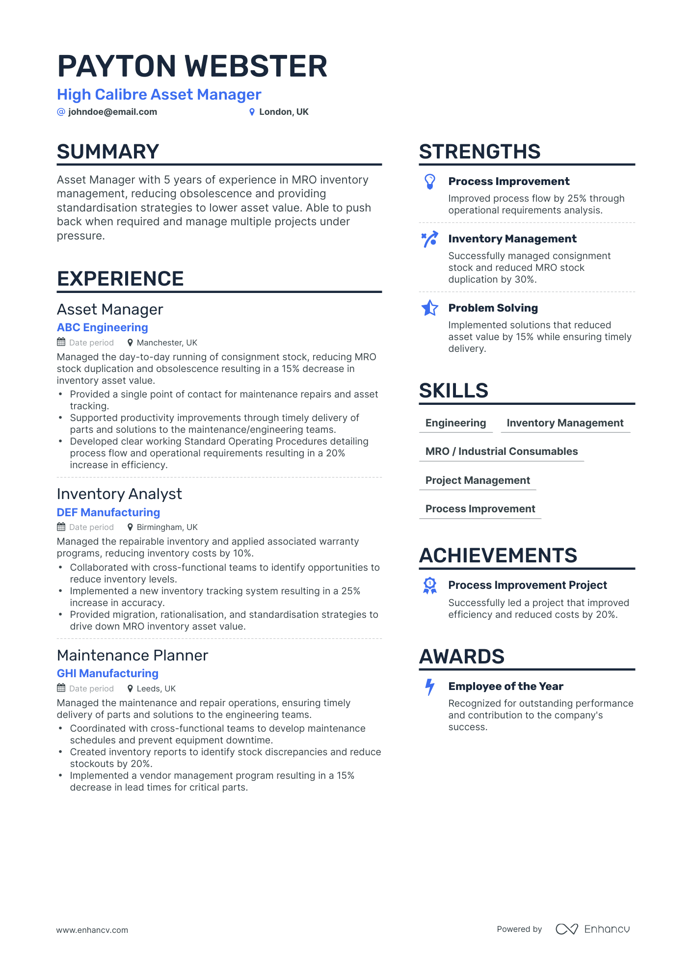 Simple Asset Manager Resume Template