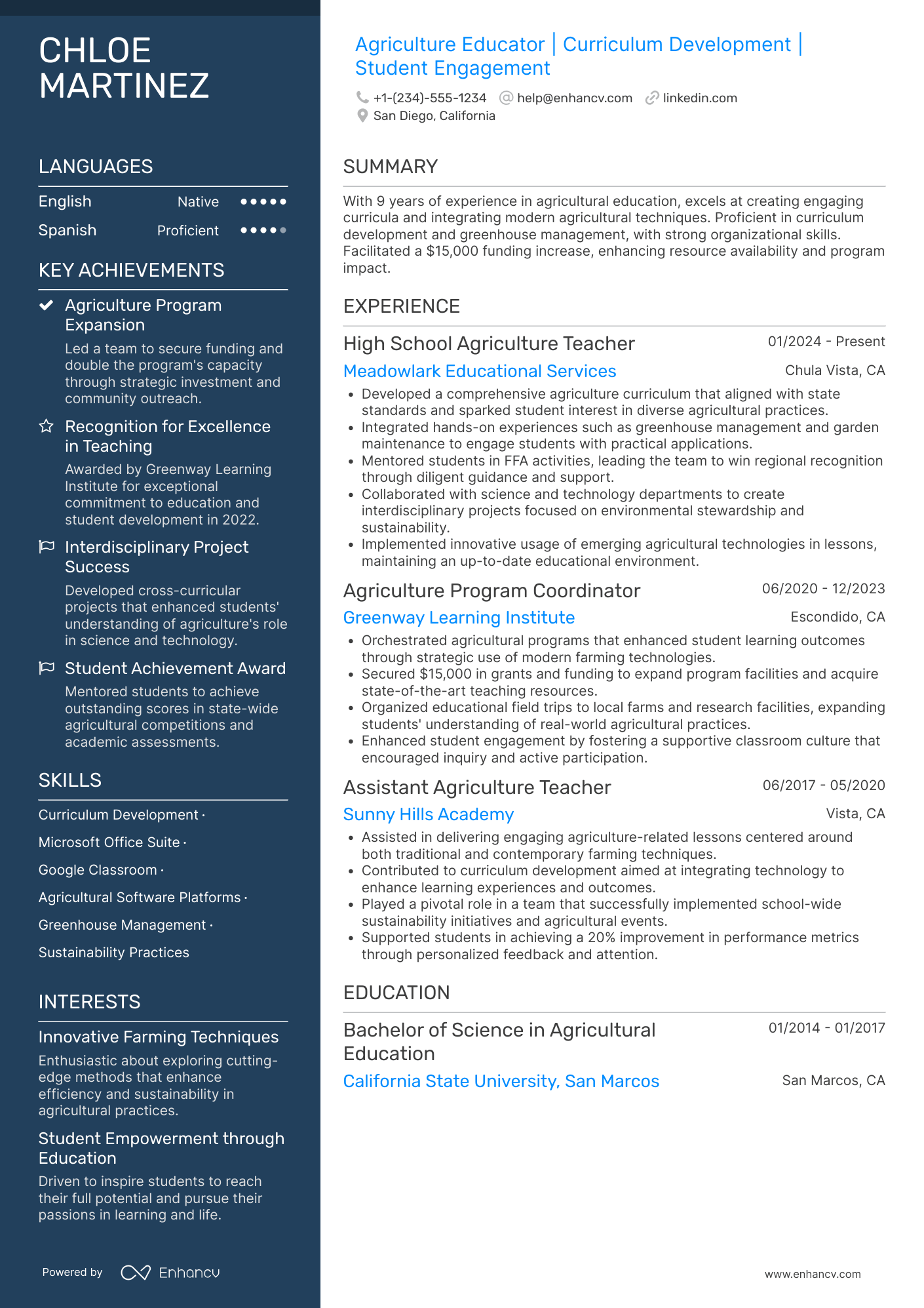 A resume example of a High School Agriculture Teacher